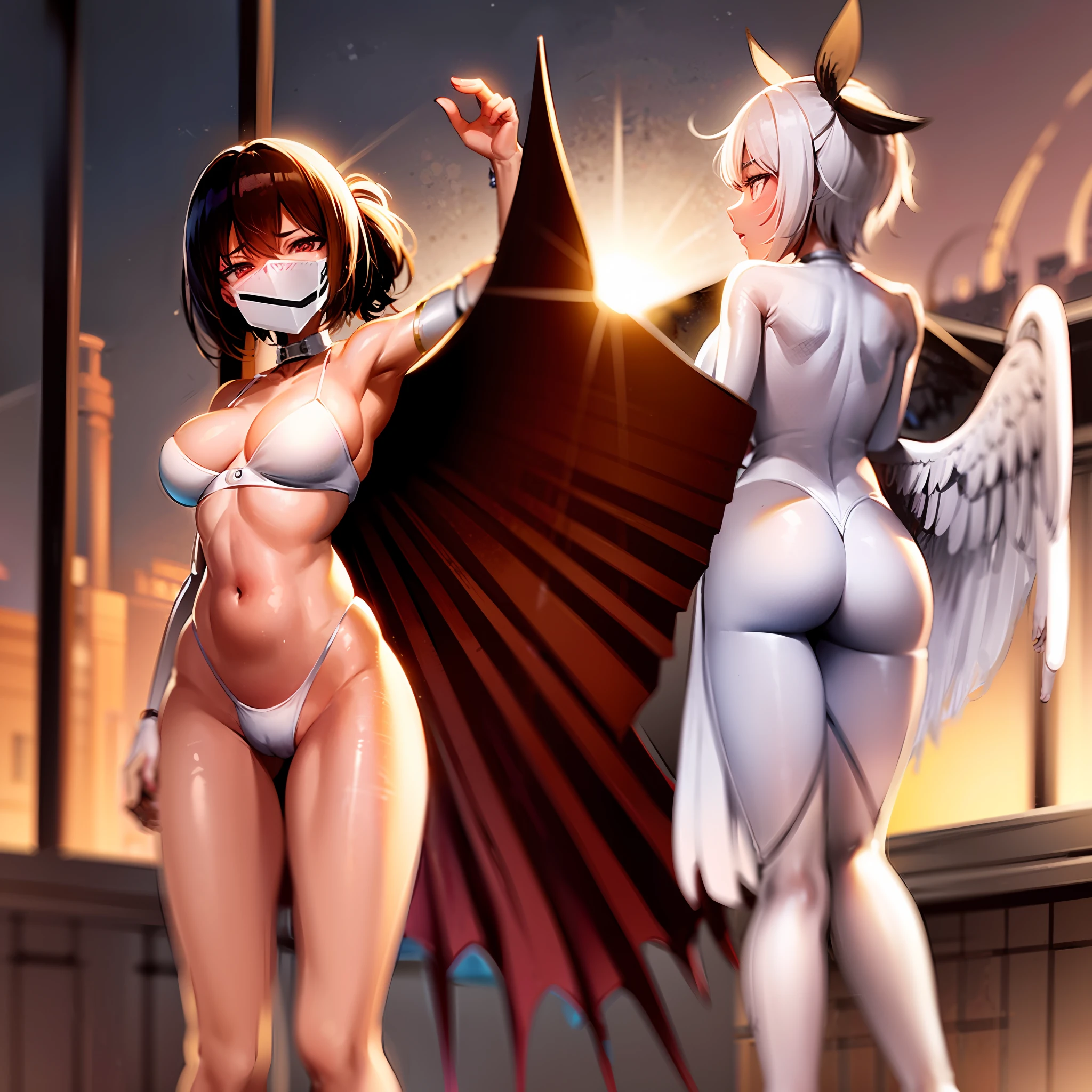 fantasy, 1angel_girl, brown_hair, ponytail_hair, (dark_skin)+, stout, bare_shoulder, navel, thigh,silver_shiny_armor, white_clothes,waist_armor, grebe, hold_swords, big_, angry, dynamic_fighting_pose, floating, (1pair_white_wings), sunrise_city_background,(pelvic_curtain)++, open_mouth, headgear, large_ass,public_indecency,