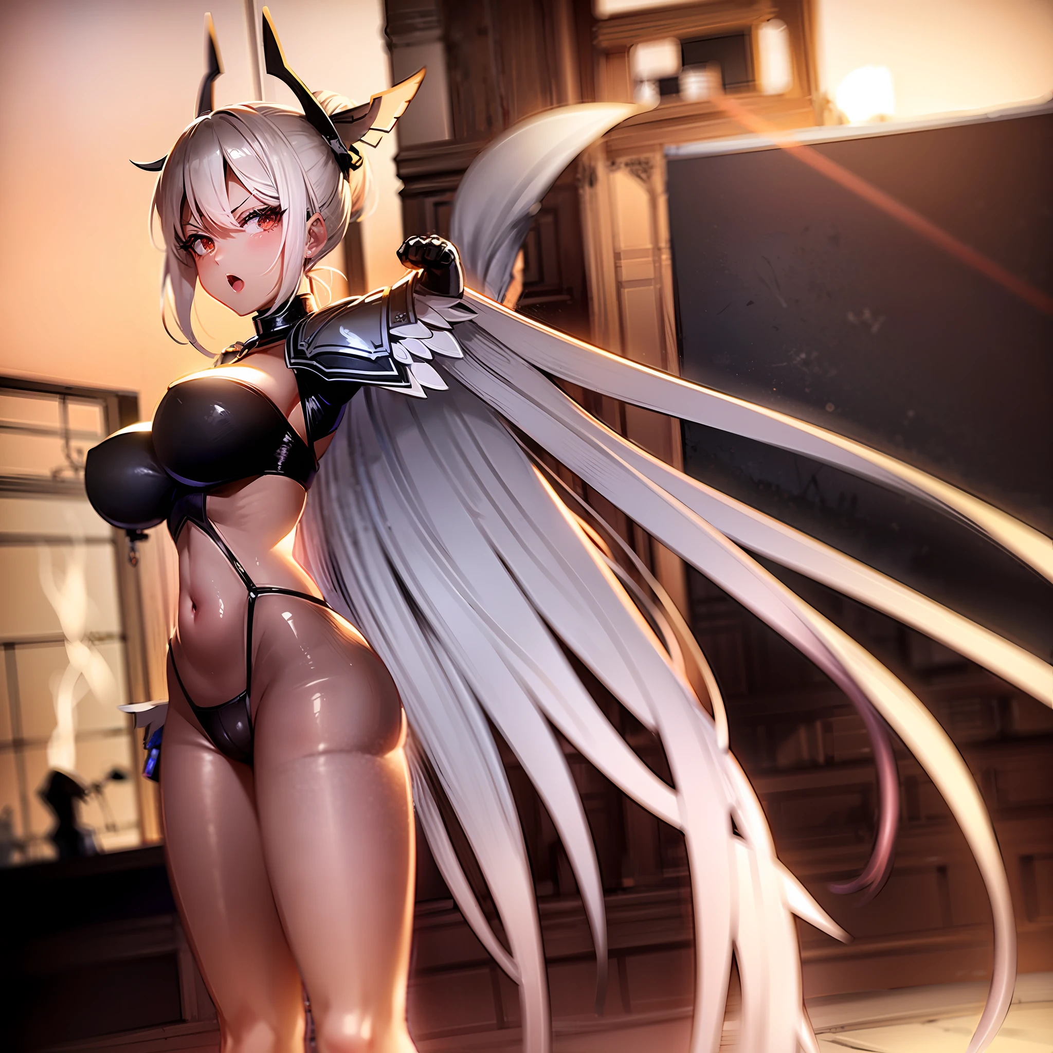 fantasy, 1angel_girl, brown_hair, ponytail_hair, (dark_skin)+, stout, bare_shoulder, navel, thigh,silver_shiny_armor, white_clothes,waist_armor, grebe, hold_swords, big_, angry, dynamic_fighting_pose, floating, (1pair_white_wings), sunrise_city_background,(pelvic_curtain)++, open_mouth, headgear, large_ass,public_indecency,