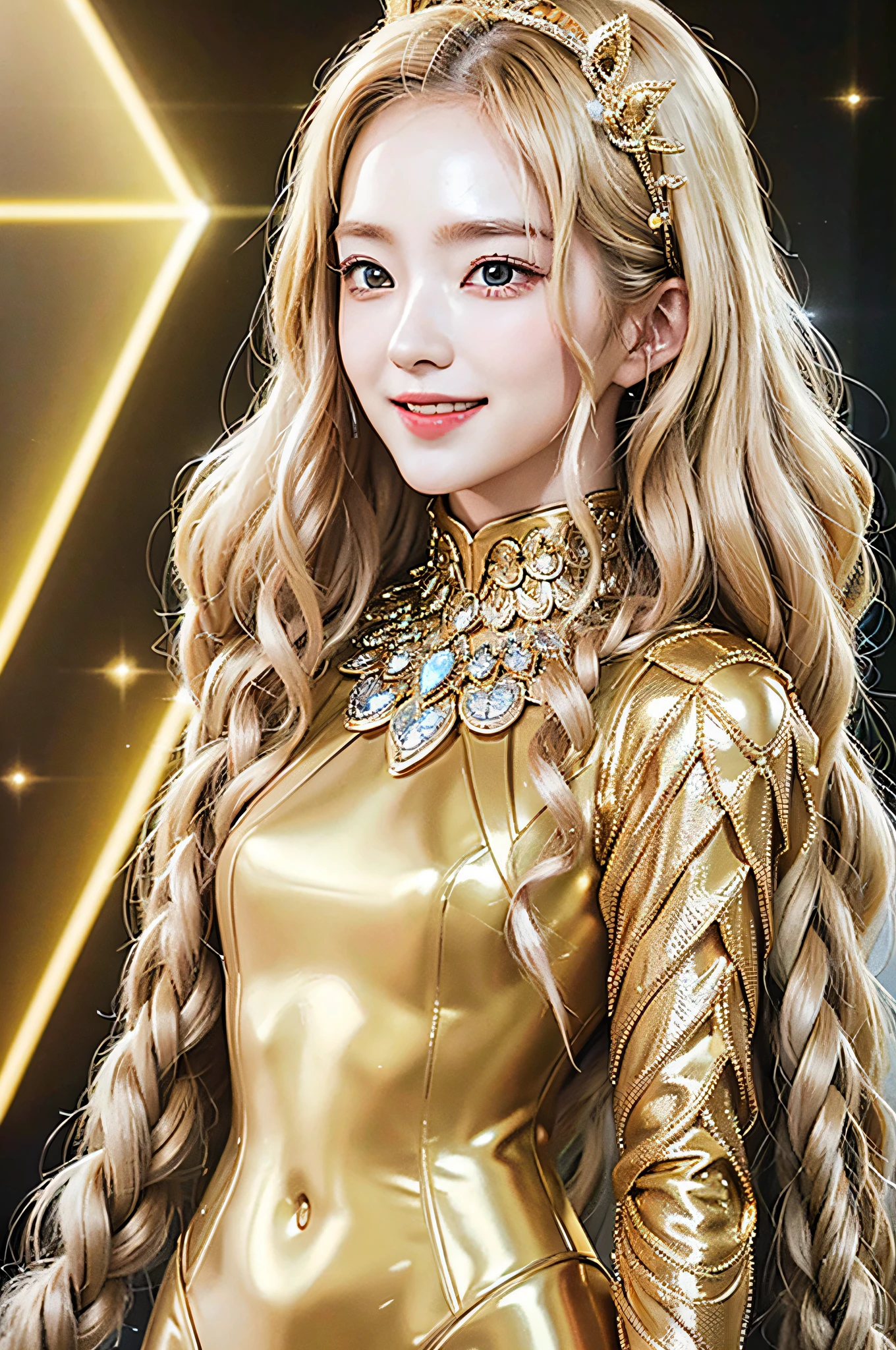 Golden diamond armor, long blonde hair, golden pupils, golden light background, golden transparent wings, diamond texture, smiling, golden eyes, flashing golden notes around, maiden, golden starlight, dazzling