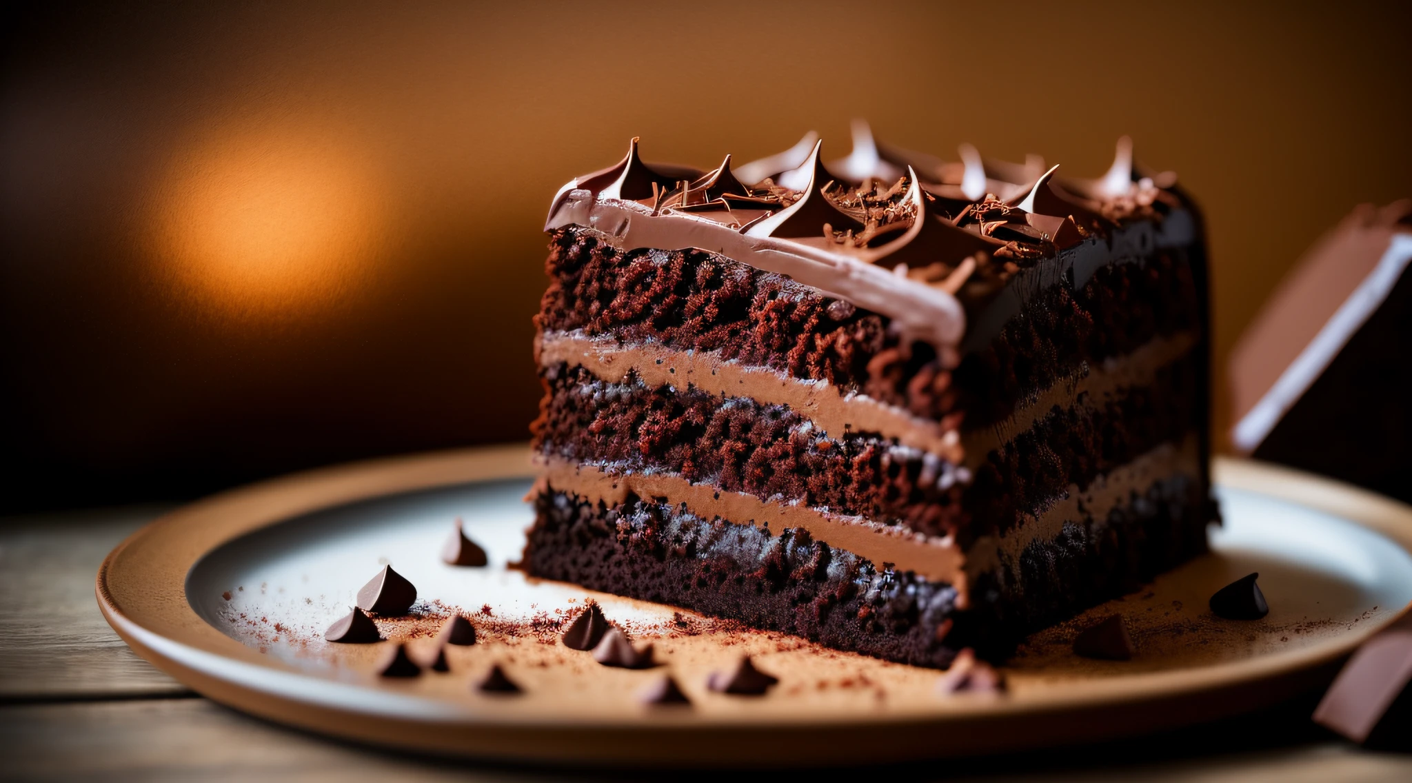 gorgeous cake, perfect cake, fudge chocolate cake slice, chocolate shavings, chocolate splashes, cinematic lighting, gorgeous and appetizing scenery, depth of field, Sony FE, Nikon, 16k, textured skin, high quality, very good lighting