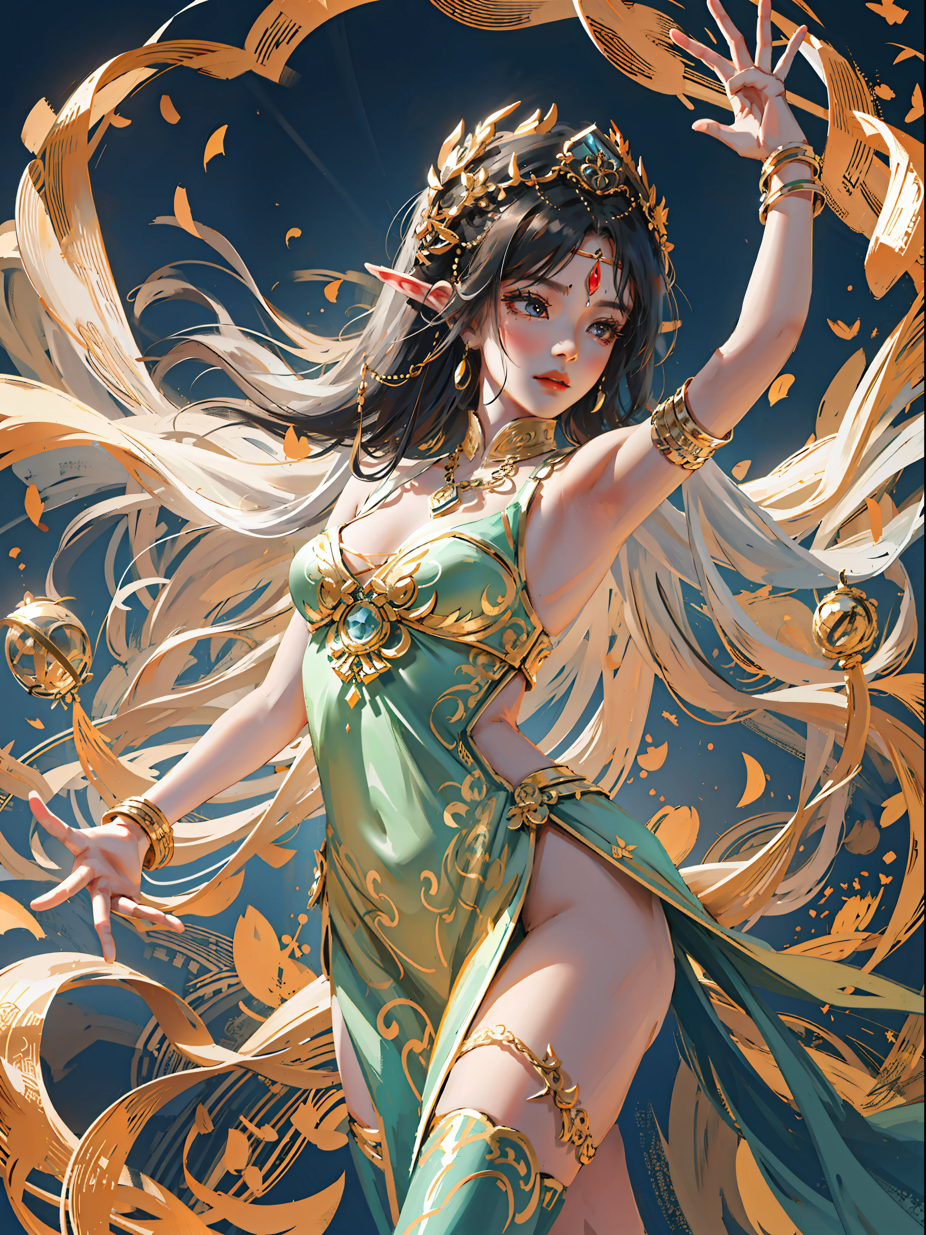 A masterpiece of a Buddhist Guanyin Bodhisattva, white super long hair, flowing long hair, exquisite jewelry, delicate bracelets, exquisite hair accessories, high on the feeling, aperture on the back, bodhisattva, fairy qi fluttering, holding various magic weapons in his hands, golden bracelets on ankles, ancient Chinese costumes, robes, gorgeous silk, flowing tulle, dazzling background, golden aperture on the back, gold Falun on the back, best light, backlit shooting, movie filter, (hands together), (thousand hands Guanyin statue), ultra HD, 8k, fair skin, Wolp_style, duhuang_style, close-up of upper body, detailed face, professional classical dance moves, person floating in the air, (sideways: 1.4), 28 years old, 1girl, fitness marks, slim body, a little muscle, vest line, lean back curved body, digital illustration art, superlative art painting