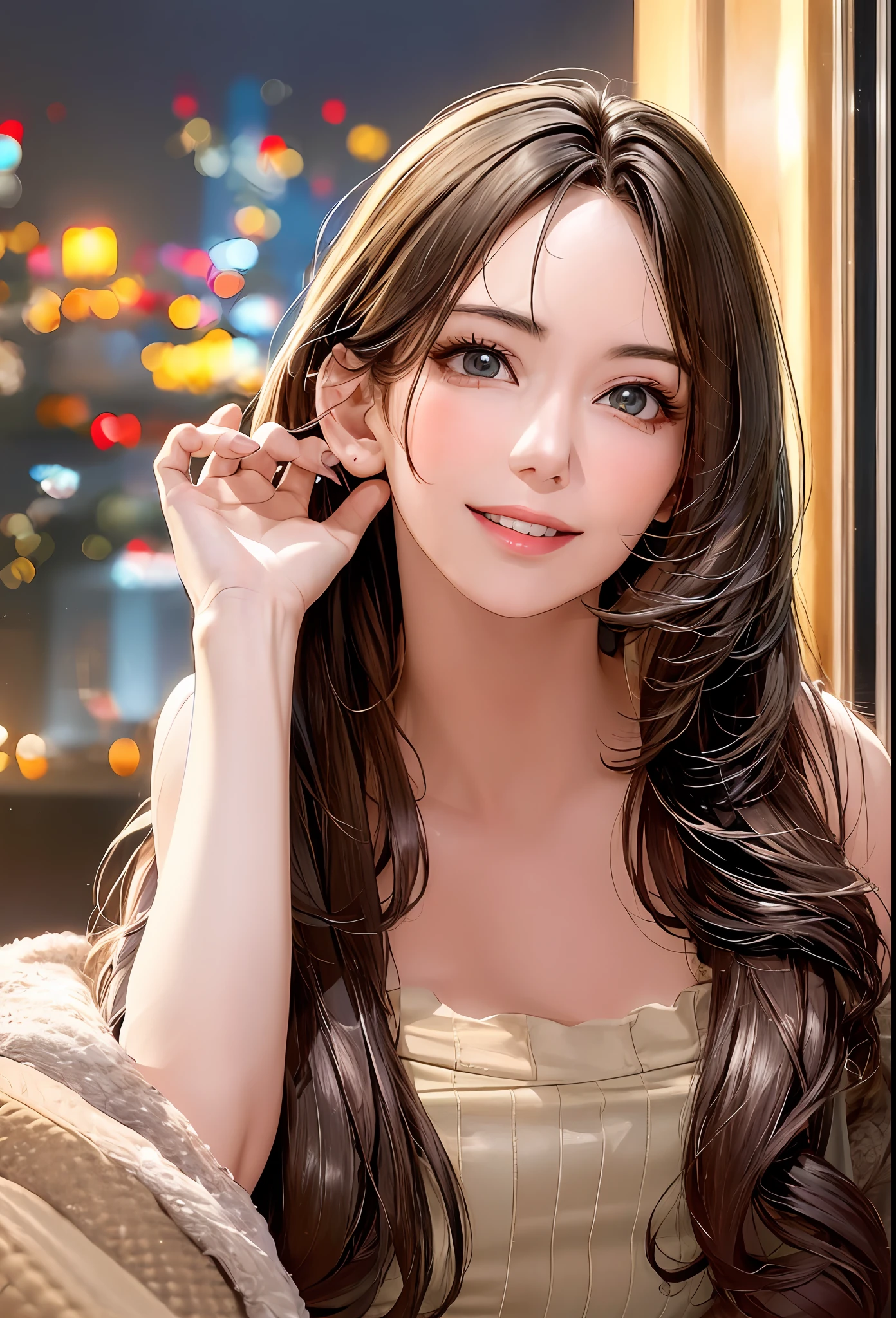 arafed woman with long hair and a tan dress posing for a picture, smooth anime cg art, beautiful anime girl, beautiful alluring anime woman, attractive anime girl, beautiful anime woman, beautiful anime portrait, trending on cgstation, kawaii realistic portrait, photorealistic anime, stunning anime face portrait, photorealistic anime girl render, artgerm. anime illustration