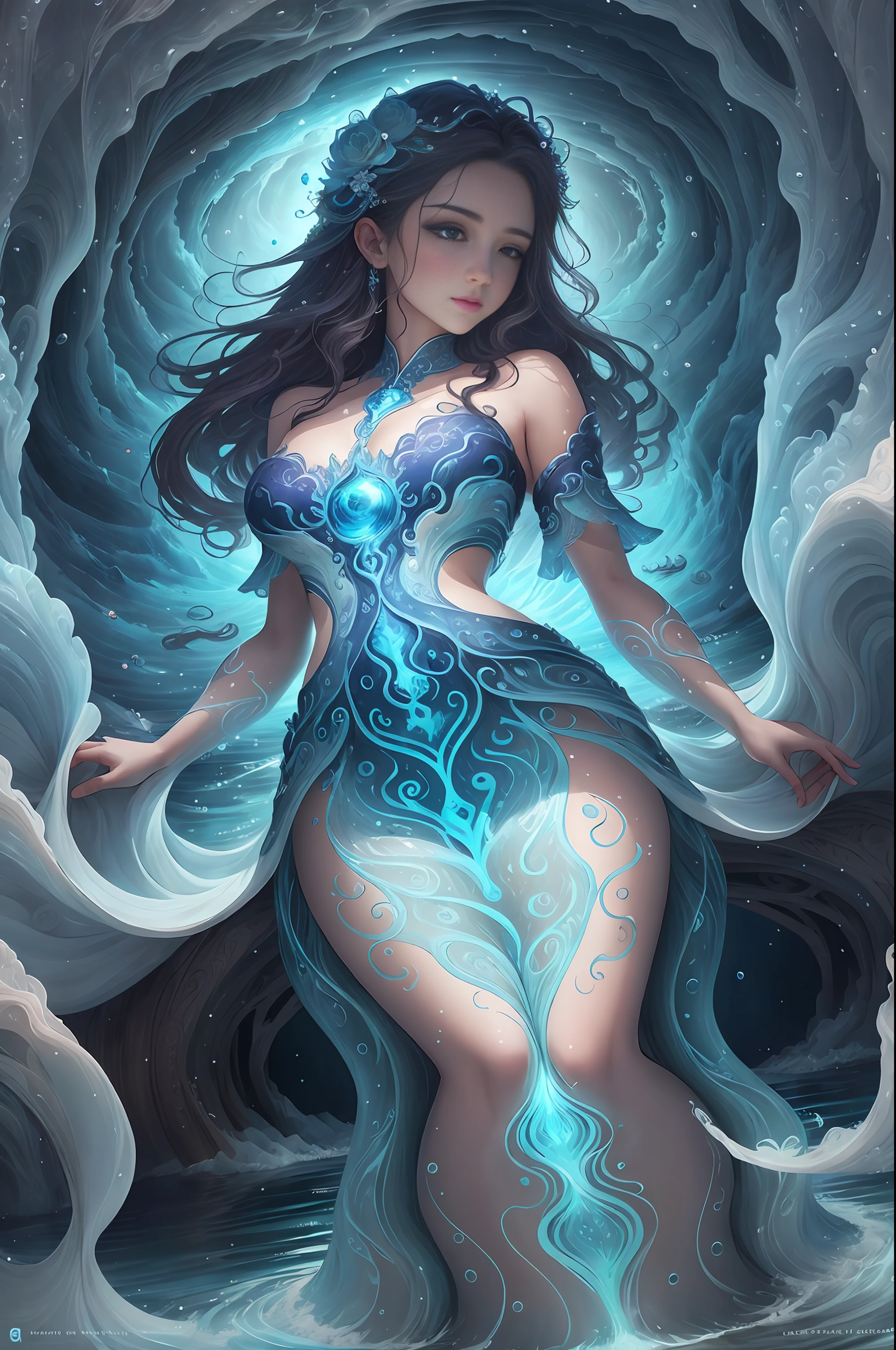 Water spirit in the form of a girl in attractive costume, born from natural rivers, lakes and seas, living in the flow and waves of water, guardian of water

It is a symbol of pure water, a source of life, and a symbol of purification and rebirth.

Have shades in harmony with nature, such as blue, light blue, and transparent.

It is shaped like a stream of water or waves, and is represented like a fairy living by a beautiful waterside.

It can change its appearance depending on the flow of water.

There is a backdrop depicting beautiful rivers, lakes and the sea

Hope to protect water resources and restore clean water, detailed beautiful face and eyes, big buttocks, bright white background, simple background, seen from below, masterpiece, highest quality, highest quality, official art, beautiful aesthetic, surreal, beautiful face, healthy figure, novel and unique style, beautiful hair, smooth skin, 