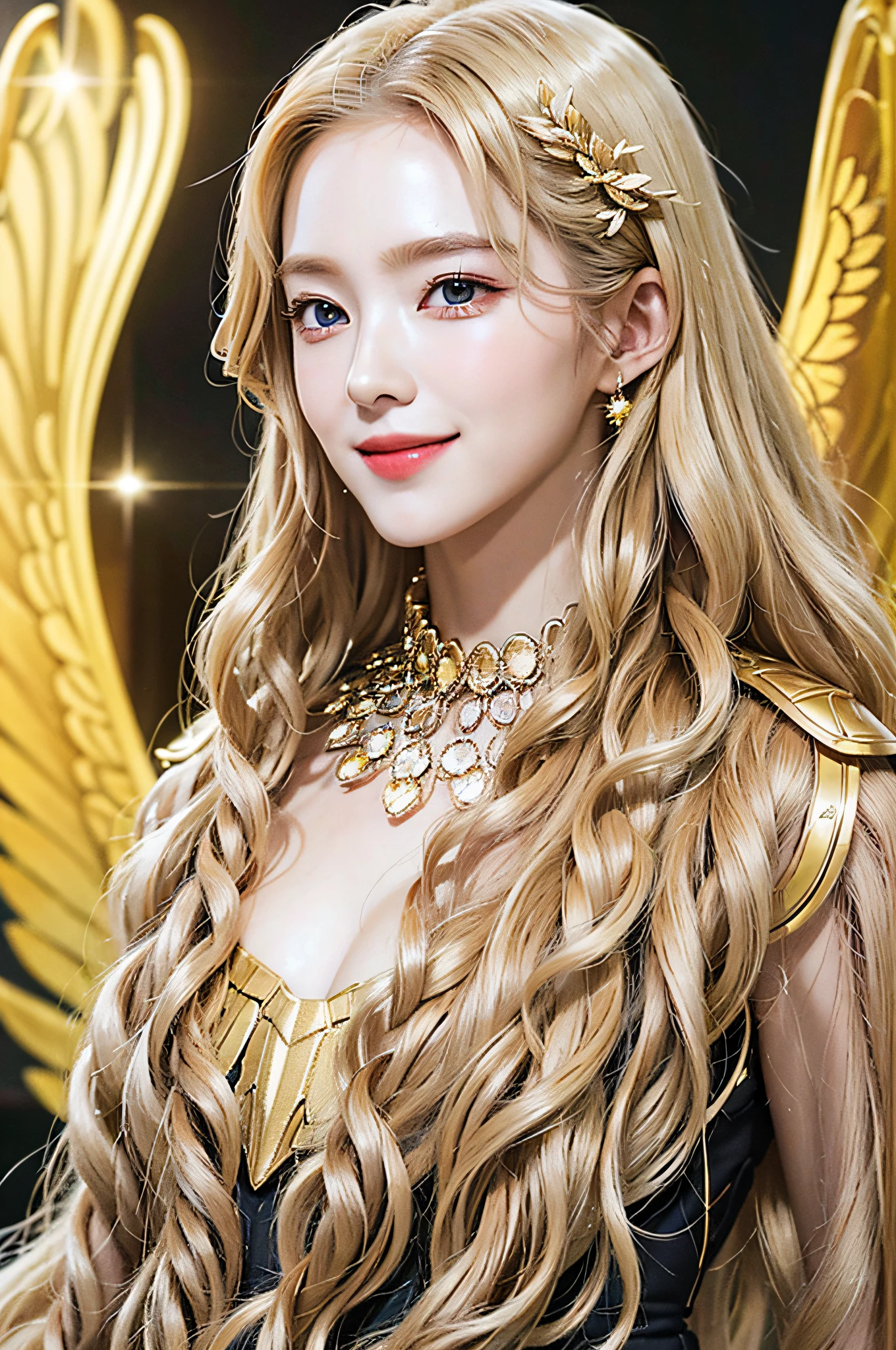 Golden diamond armor, long blonde hair, golden pupils, golden light background, golden transparent wings, diamond texture, smiling, golden eyes, flashing notes around, maiden, golden starlight, dazzling