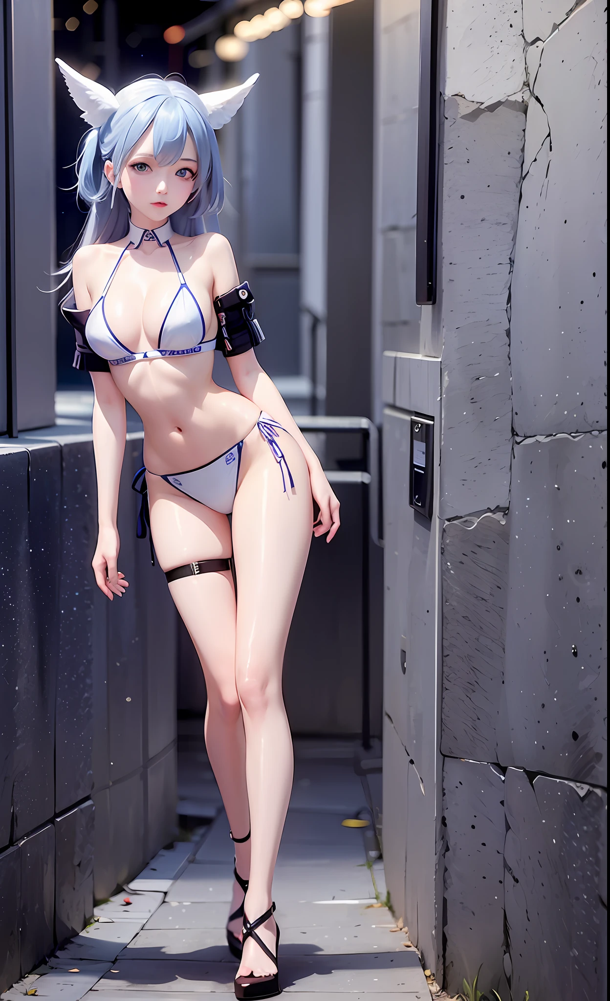 masterpiece, best quality, girls, slender, blue eyes, hair color ash, white skin, medium breasts, cute, sexy, futuristic, bikini, skin exposed, night, white theme, open legs, full body