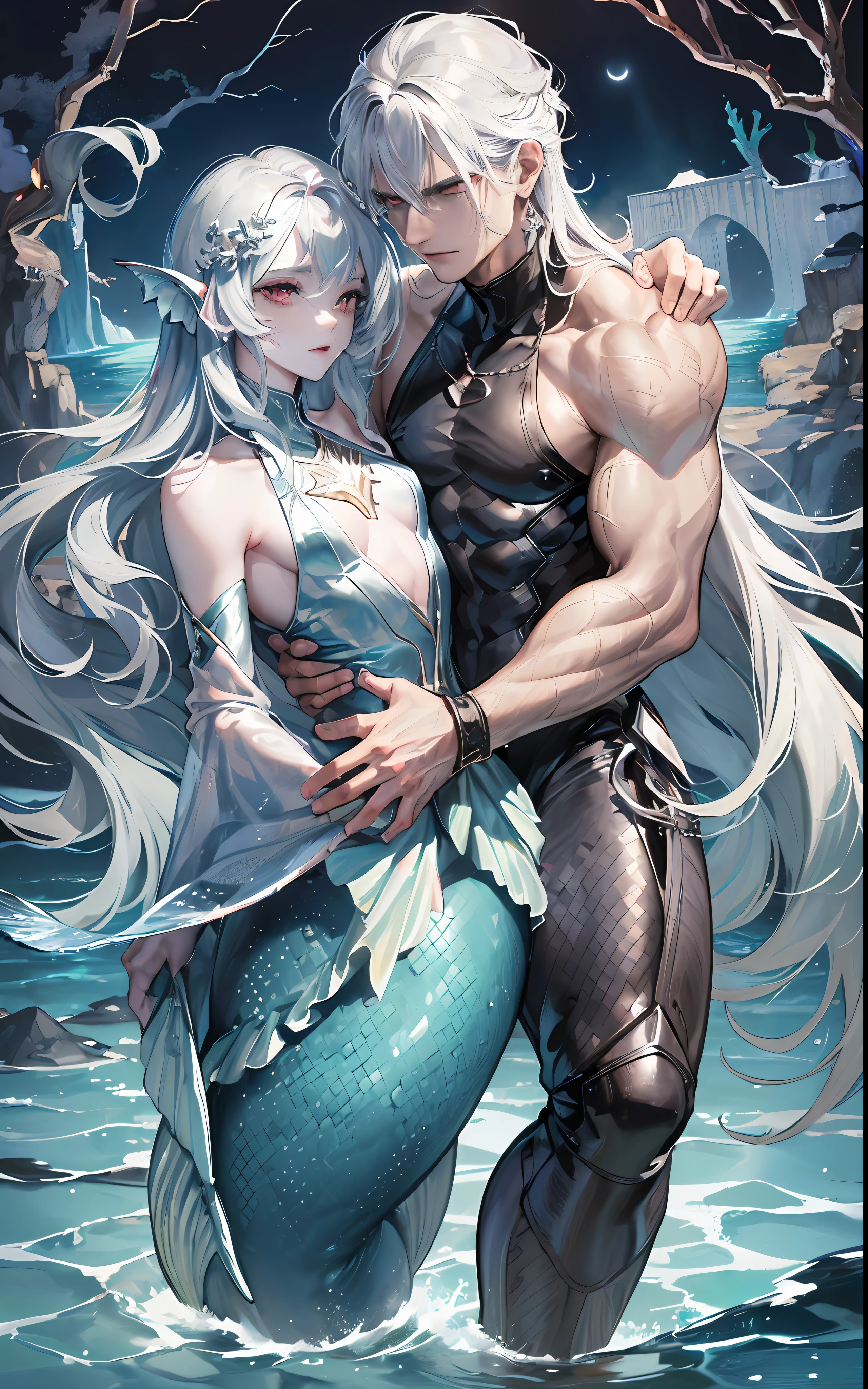 (man hugging a black-haired girl),masculine, masculine face, attractive, muscular, (((1man))), masterpiece, absurdres, best quality ,intricate details, ((((full body)))), (shiny skin, shiny body, shiny oily luster skin, shiny hair, pale skintone), Sundown, attractive, ((muscular)), adult, one, earrings, Don't look at the view , Not looking at the view, silver hair, braided hair, perfect detailed face, perfect detailed hands, triton, fins, red eyes, triton ears, smirk, marine sea ornaments, open chest, ((long mermaid tail)), no legs, under the sea, fishes, masculine features, masculine face, (((night))), moonlight, darkness, dark light, character seen from afar