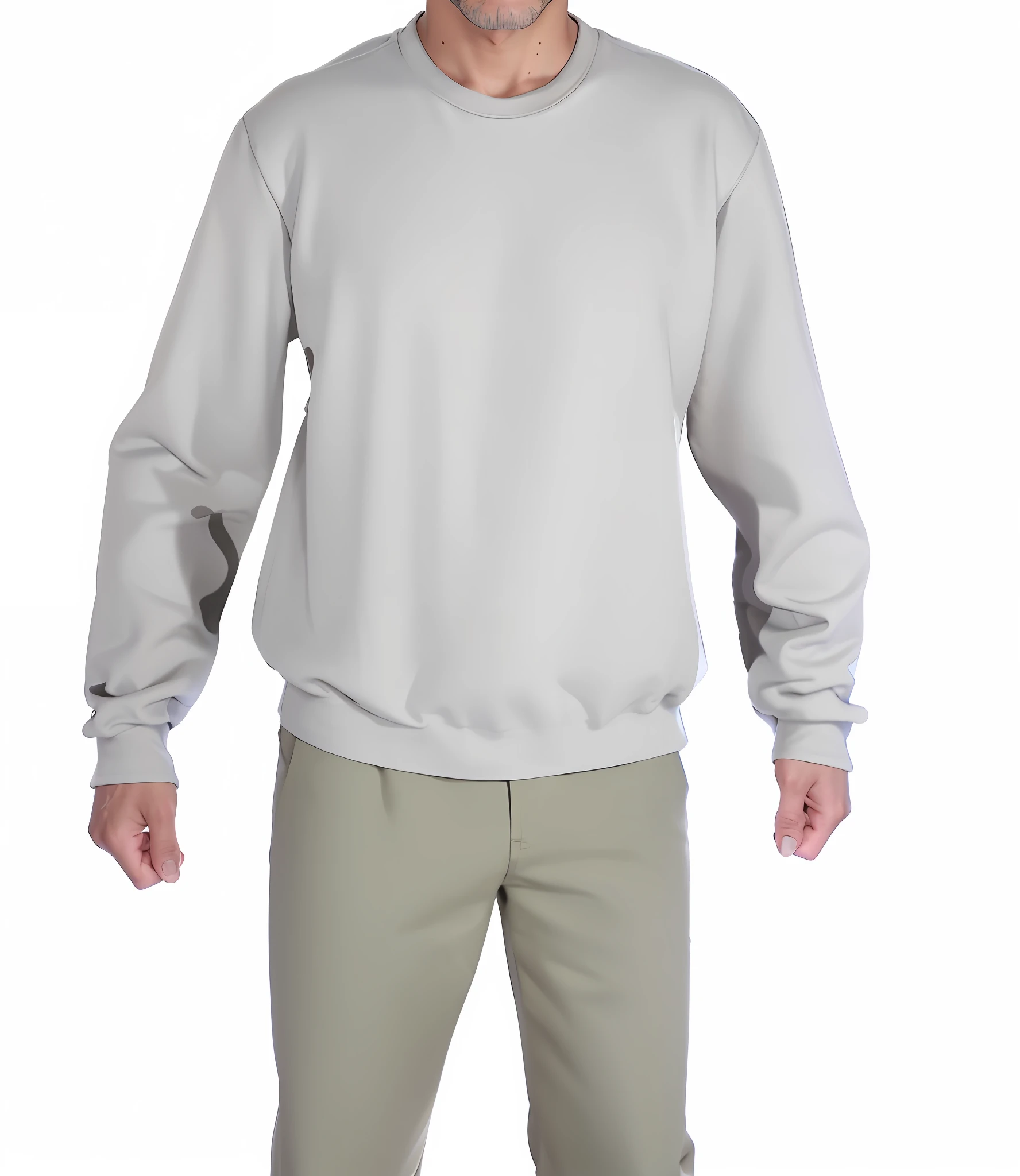 A closeup of a man wearing a beige sweatshirt and khaki pants, with prison clothes, modern casual clothes, f/2 0, realistic clothes, lightweight, full body photography, white Russian clothes, f/2 2, f/22, detailed clothes, technological clothes, basic, full-body - front - shot, beige, realistic clothes, perfect hands, realistic