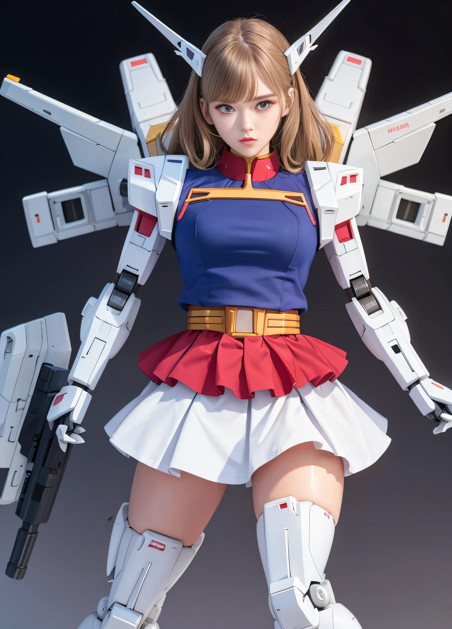 (highest quality), (masterpiece), personification of Mobile Suit Gundam F91, nsfw, great highlights of the upper body, powerful mechs, girl with beam rifle, baby face, beautiful eyes, modest nose, neatness, medium hair, absolute area, moist wet and slightly thick thighs, dignified full-body pose, open legs, short skirt,