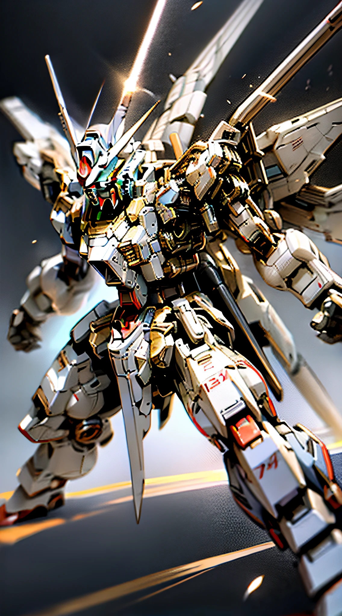 Dynamic Photography, Fuji, Long Exposure, Black Gold Gundam Mecha, Gundam Style, Spread Wings, Huge Body, Holding a Red Glowing Sword CG Digital Rendering, Storytelling Camera Perspective, Battle Stance Display, Dispersion, Feature Article, Studio Environment, Battle Stance, Soft Ambient Light, HD Detail, Metallic and Tension Composition, Hyper-Realism , C4D, OC Render, 3D, Ultra HD16k, --ar 3:4 --niji5