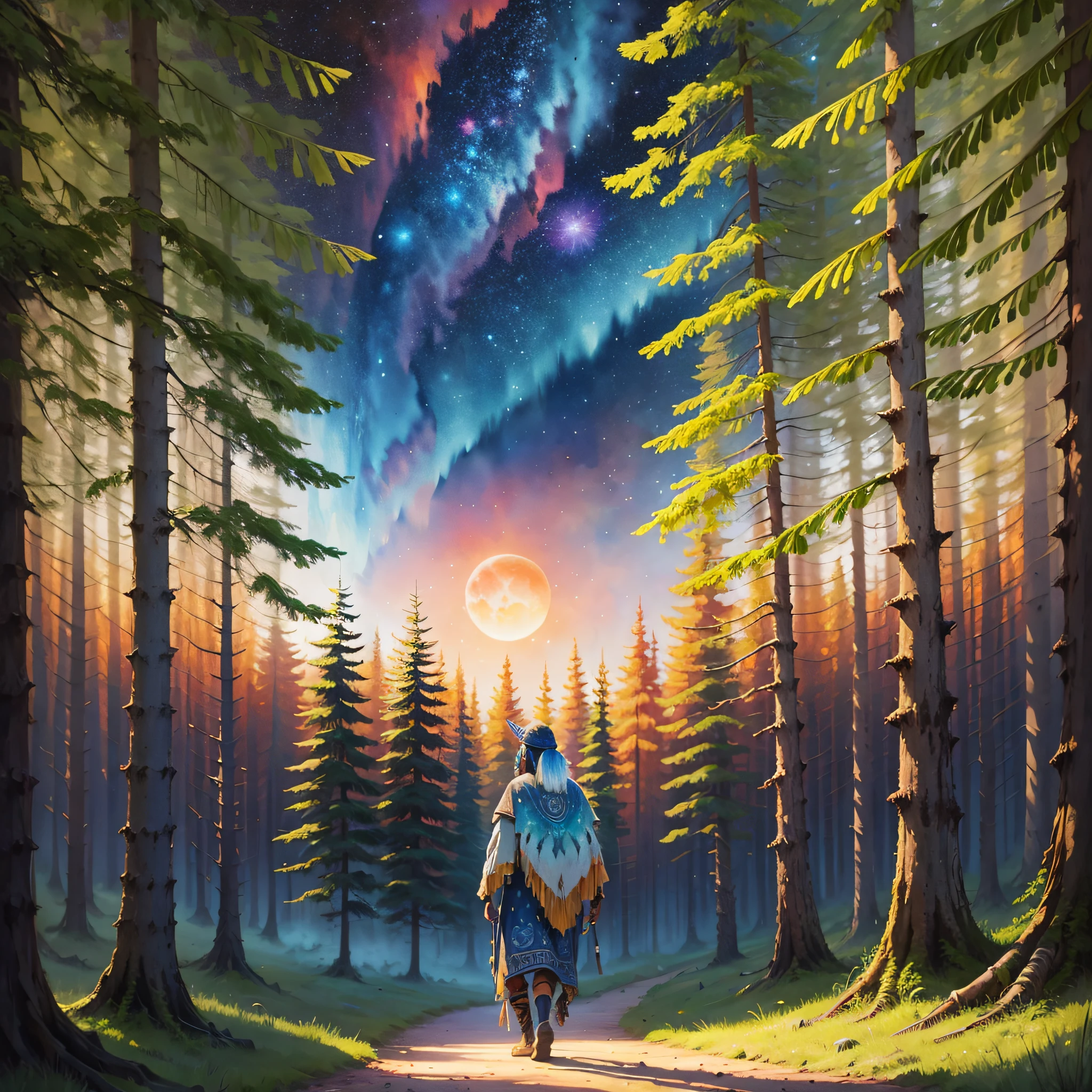 A shaman walking in the forest, watercolor art, colorful sky, planets and stars, ancestral spirits, wide image, resolution 9:16 --auto --s2