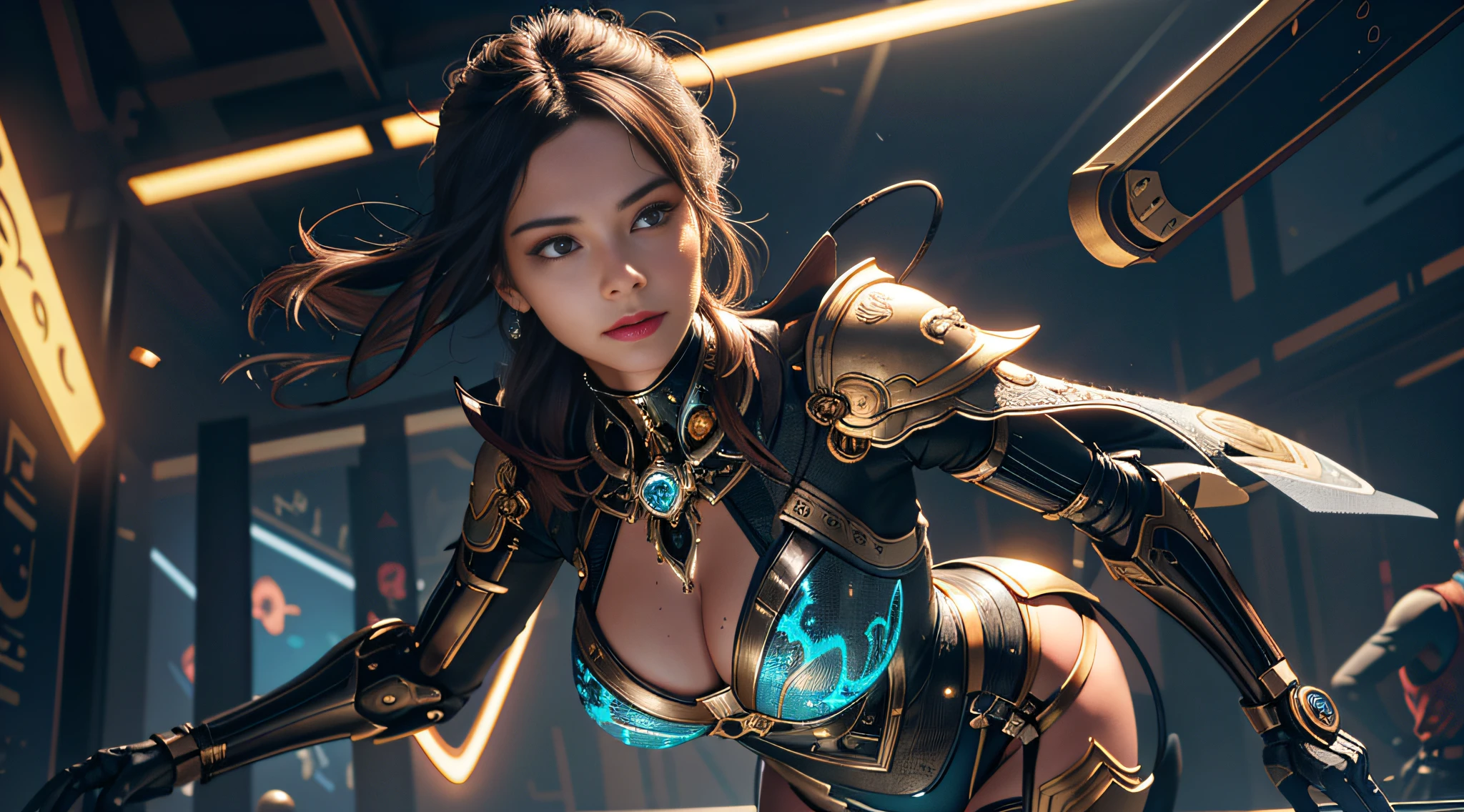 A mechanical girl, (dynamic pose: 1.2), (steel wings: 1.5) ( Pose: 1.2), (Full body: 1.3), Attack, Guild War, (Mechanical Cloak 1.2), (Mechanical Tights 1.2), (Perfect Face), ((Super Realistic Detail)), Portrait, Global Illumination, Shadow, Octane Rendering, 8K, Super Sharp, Metallic, Complex, Decorative Detail, Cool Color, (Egyptian Detail: 1.5), Highly Intricate Detail, Realistic Light, CGsociety Trend, Glow Eyes, Facing the Camera, Neon Detail, Mechanical Limbs, Blood Vessels Attached to Tubes, Mechanical Vertebrae Attached to the Back, Mechanical Cervical Vertebrae Attached to the Neck, Wires and Cables Attached to the Head. realistic, elegant, goddess, surrealism, high detail, supremacy, cinematic lighting, ray tracing, shadow, uhd, retina, masterpiece, ccurate, anatomically correct, textured skin, super detail, high detail, high quality, high quality, award-winning, best quality, high resolution, 1080P, 16k, 8k, 4K, HD