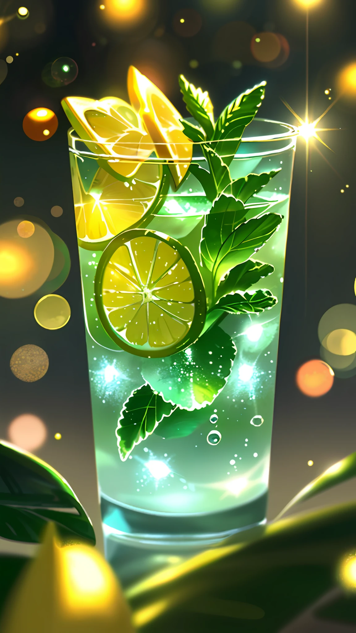 Wallpaper, glasses, sparkling water, ice cubes, small lemon slices, mint, tropical plants, hot weather, HD detail, humidity, small water droplets, hyperdetail, cinematic, surrealism, soft light, deep field focus bokeh, ray tracing, diffuse (ultra-fine glass reflection) and surrealism. --v6