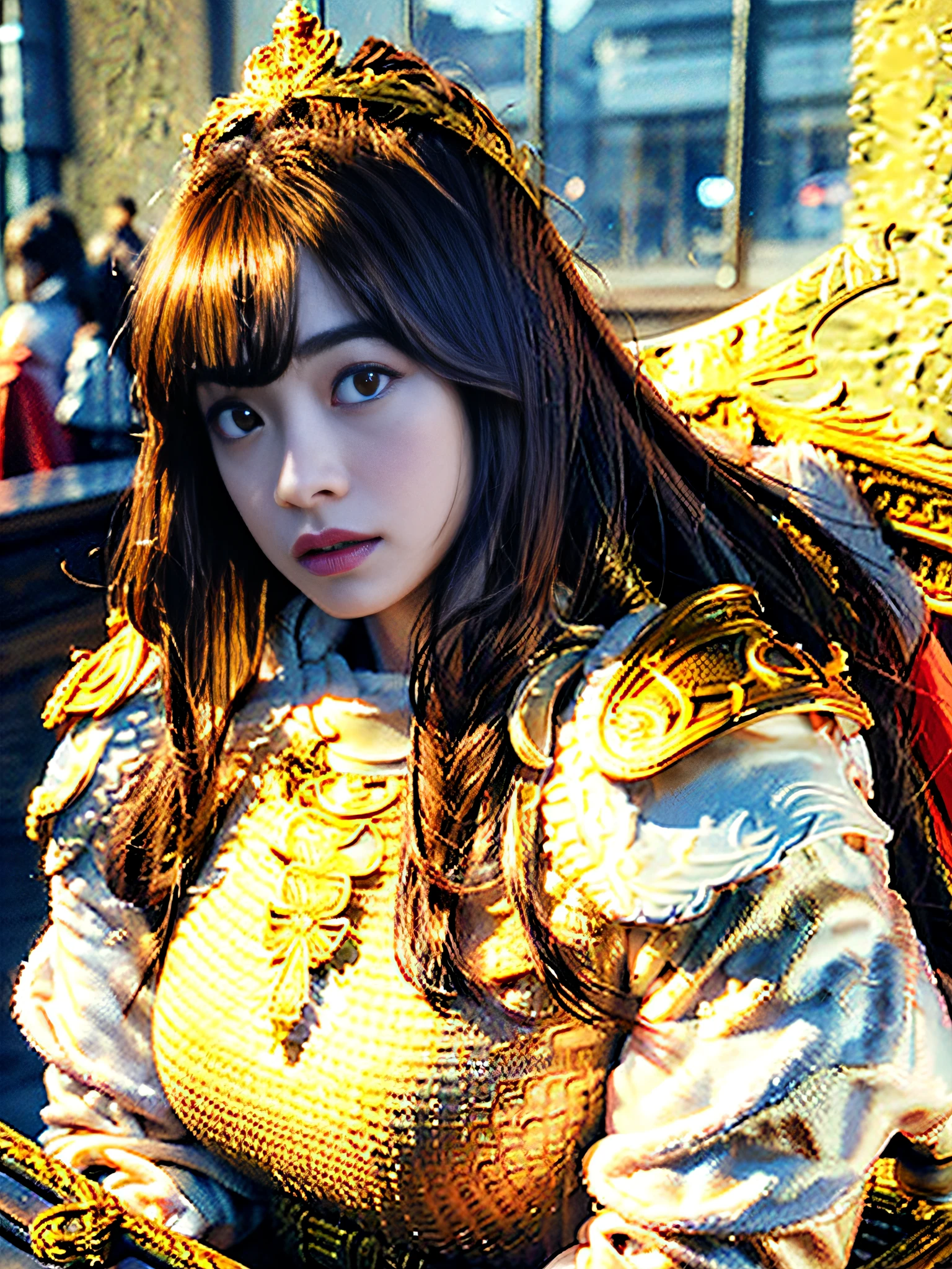 extremely beautiful young lady, subtle makeup, golden hour, photorealistic, high contrast, 8k HD, detailed, hyper-detailed, realistic skin texture, long dark hair, big breast best quality, ultra high res, raw photo, dramatic lighting, unreal engine, diffuse glow  intricate golden eaba, red cape, spear,