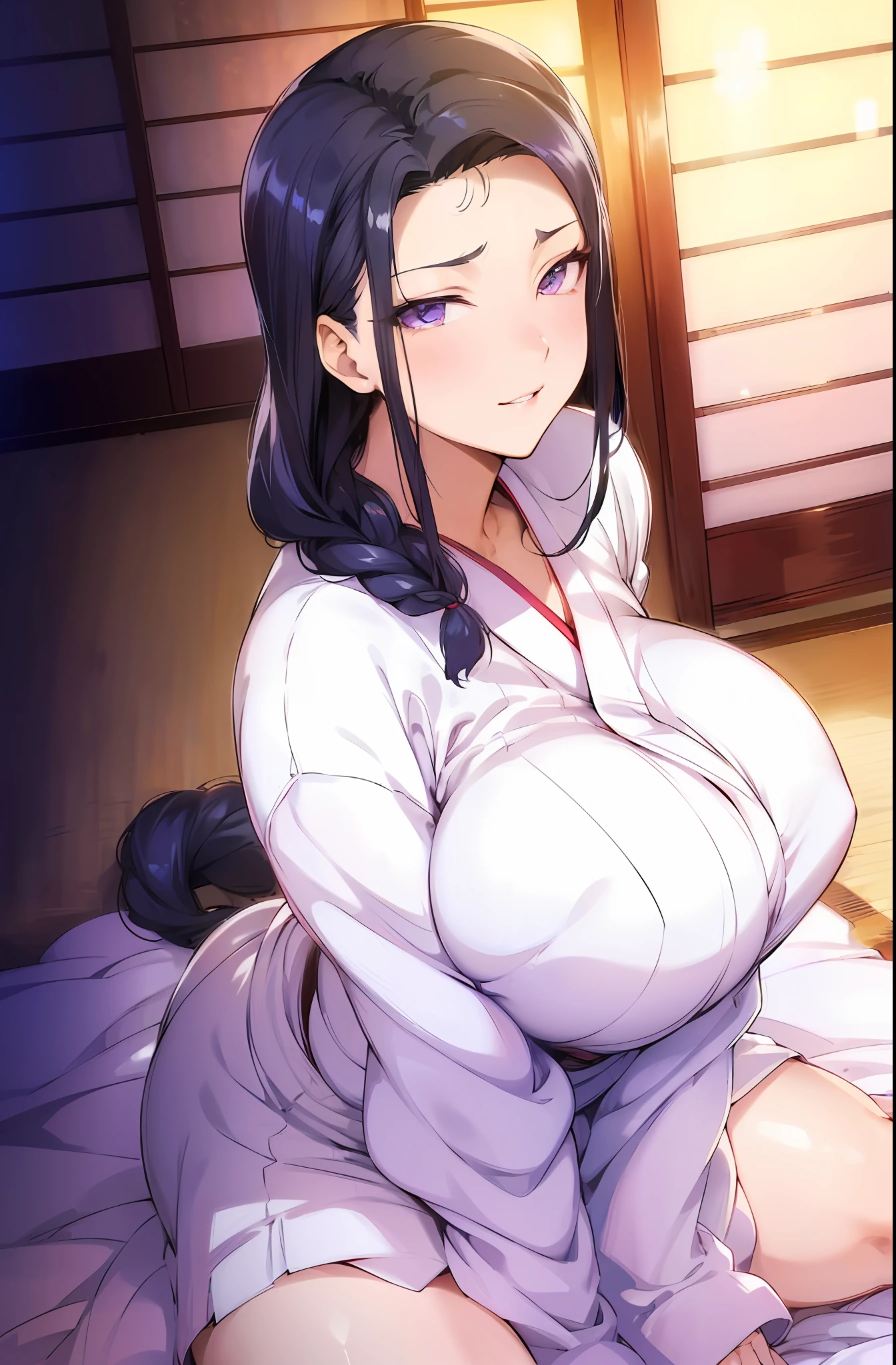 (Night:1.7), east asian architecture,
sitting at attention,sitting on Tatami,
White_kimono,
black_hair, long_hair, hair_pulled_back,parted_lips,purple_eyes, braid,
1 girl, Manga,20yo,mature female,Beautiful Finger,Beautiful long legs,Beautiful body,Beautiful Nose,Beautiful character design, perfect eyes, perfect face,
looking at viewer,(innocent_big_eyes:1.0),(Light_smile:1.0),
official art,extremely detailed CG unity 8k wallpaper, perfect lighting,Colorful, Bright_Front_face_Lighting,
(masterpiece:1.0),(best_quality:1.0), ultra high res,4K,ultra-detailed,
photography, 8K, HDR, highres, absurdres:1.2, Kodak portra 400, film grain, blurry background, bokeh:1.2, lens flare, (vibrant_color:1.2)
(Beautiful,large_Breasts:1.4), (beautiful_face:1.5),(narrow_waist), --auto --s2