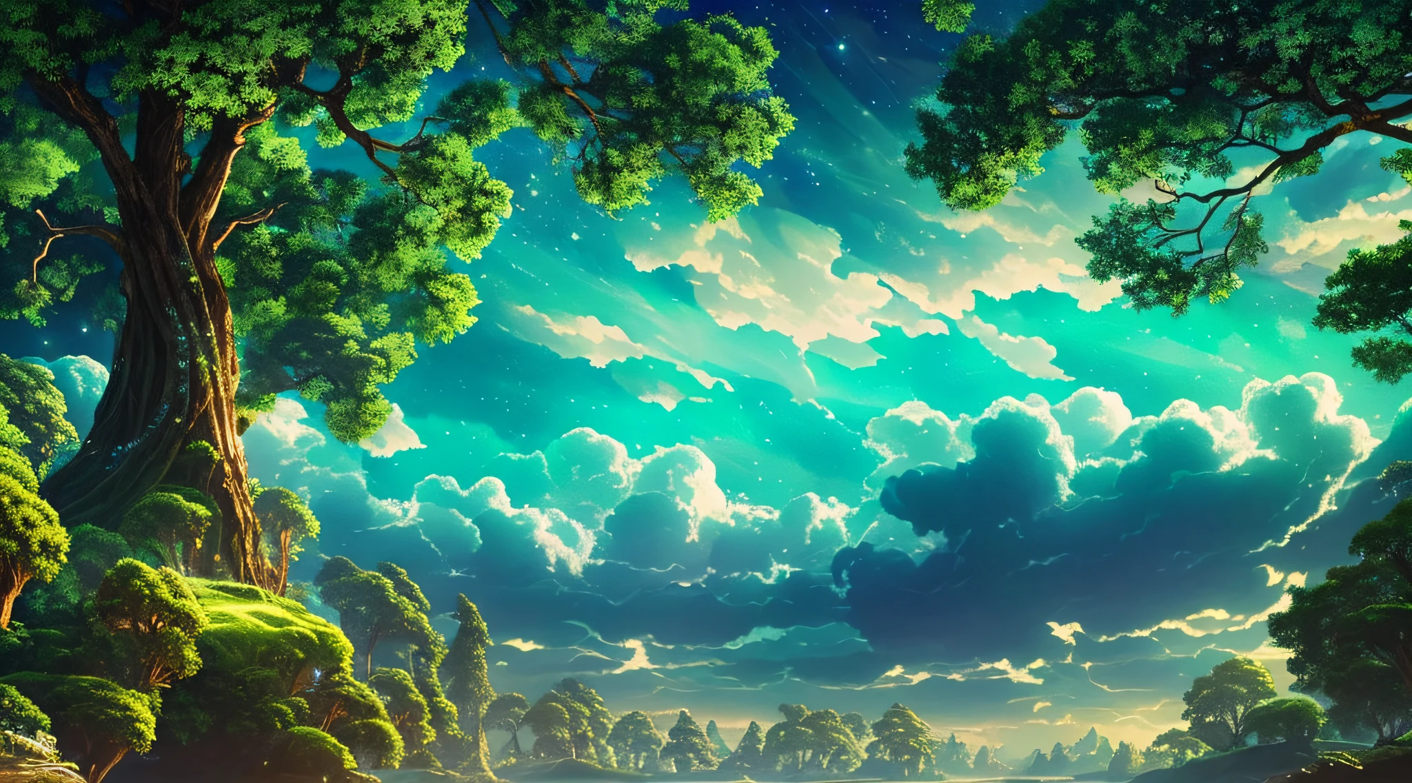 Illustration of a surreal, otherworldly, hyper sky scene including a giant crystal tree full body, highly detailed and magical lighting, intricate forest details, vegetation and surrounding river, solar punk, landscape, giant tree , beautiful green leaves, beautiful lighting and realistic proportions, as if this is a movie background, 8k, highest quality, masterpiece, clouds and stars in the sky. --auto --s2