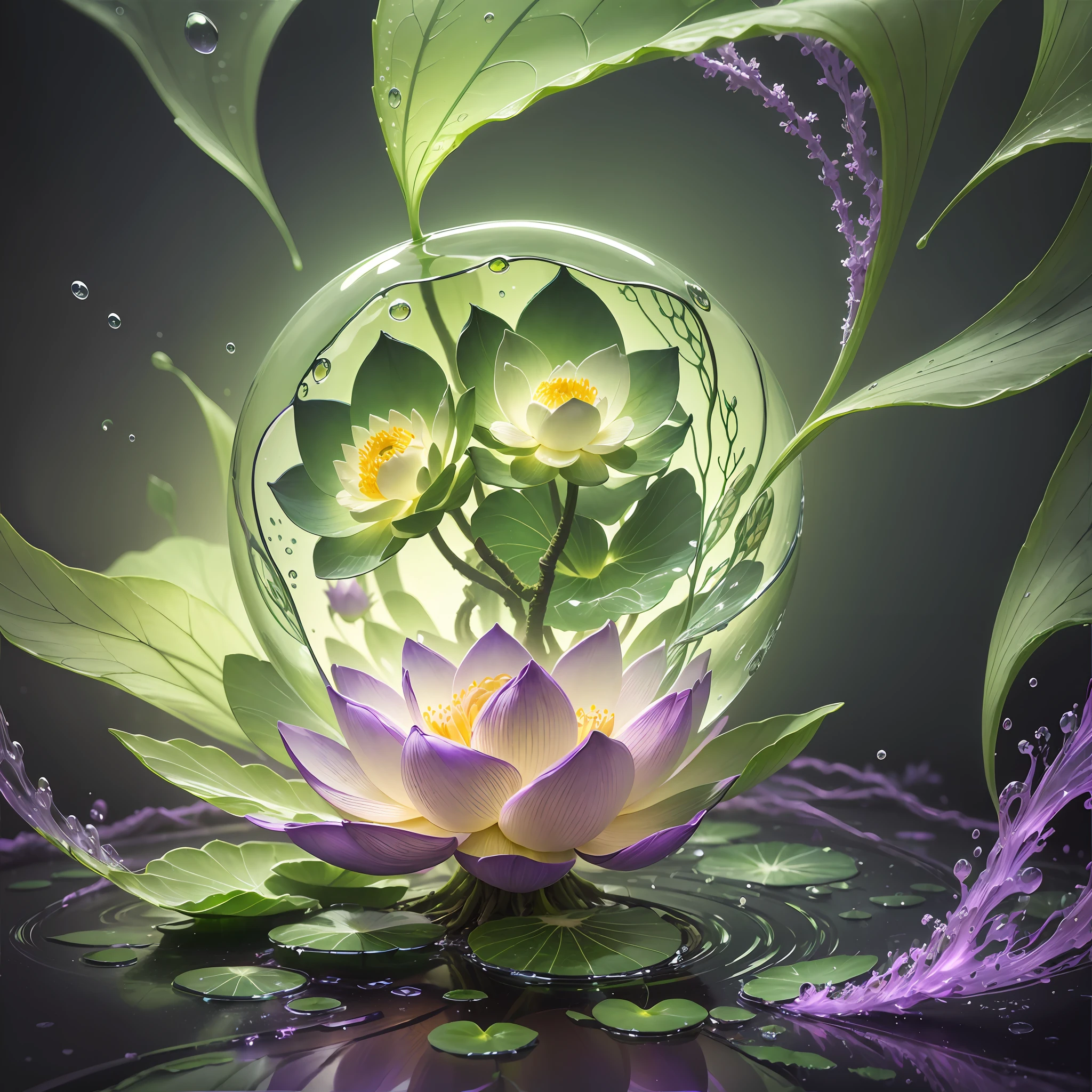 Computer Visualized Graphics, Realistic Fantasy, Extensive Landscape Ultrasound Photography (general view showing glass glass, roots braiding the glass, lotus, dew, air bubbles), blurred background, gloomy, yellow, green, purple background, pink, warm, magic --auto --s2