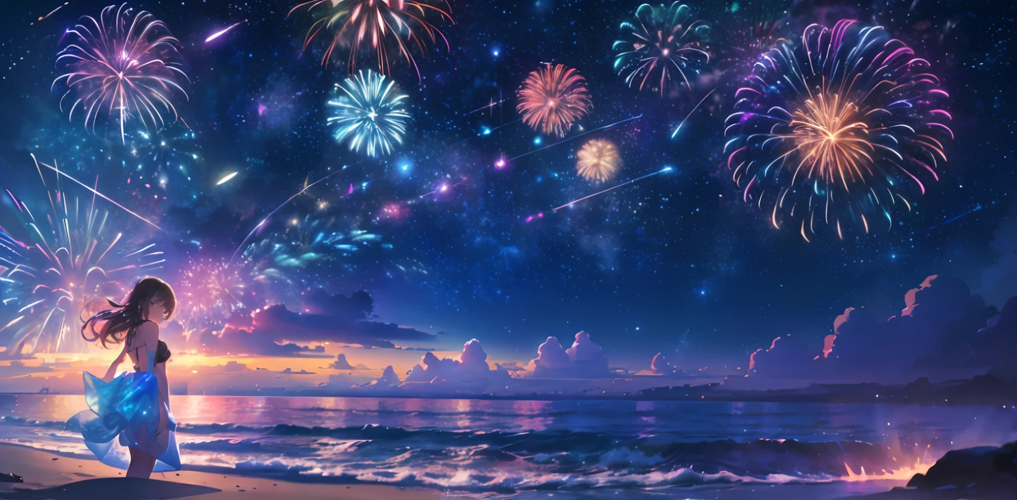Vast night sky pictures,((Top quality:1.4),(Unparalleled masterpiece),Night Sky: 1.4,(Fireworks: 1.4, Aerial Fireworks: 1.4), highly detailed 8k CG unit,,Bokeh,Depth of field,, Beach, Sea, Volumetric Lighting,(Dynamic Composition: 1.4),Bikini girl standing on the beach, character 0.3, Very detailed, Colorful details, (Iridescent: 1.2), (glow illumination, atmosphere lighting), dreamy, magical, (solo: 1.2),