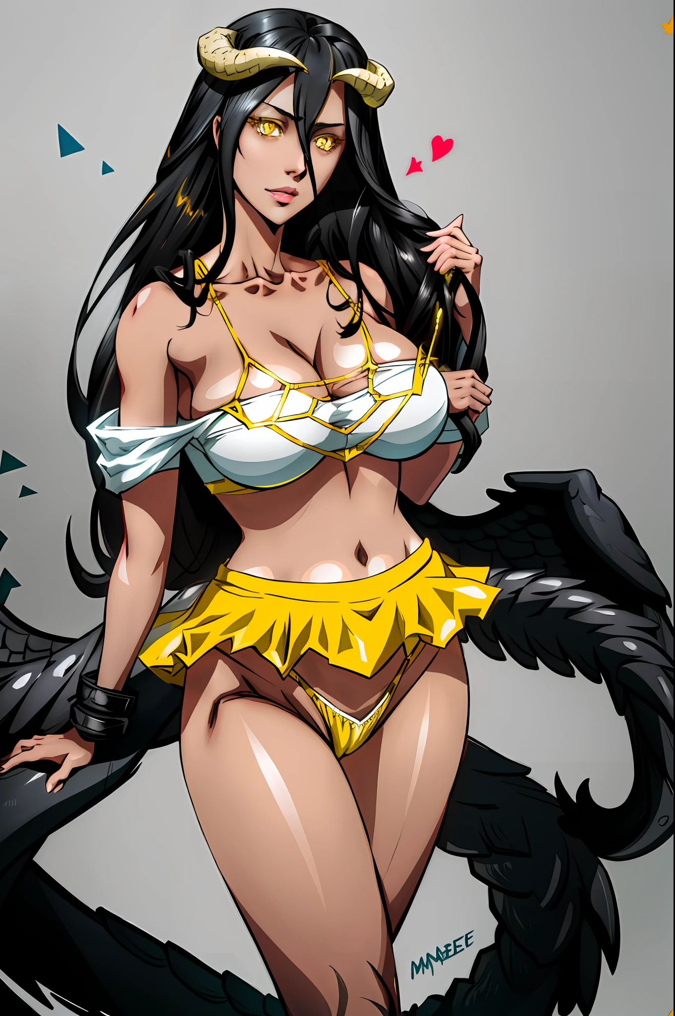 1girl, highres, sharp focus, pixiv masterpiece, ((intricate details)), highly detailed, black hair, fair skin, yellow eyes, snake eyes, long hair, Albedo, Albedo from overlord,costume: sensual bikini,