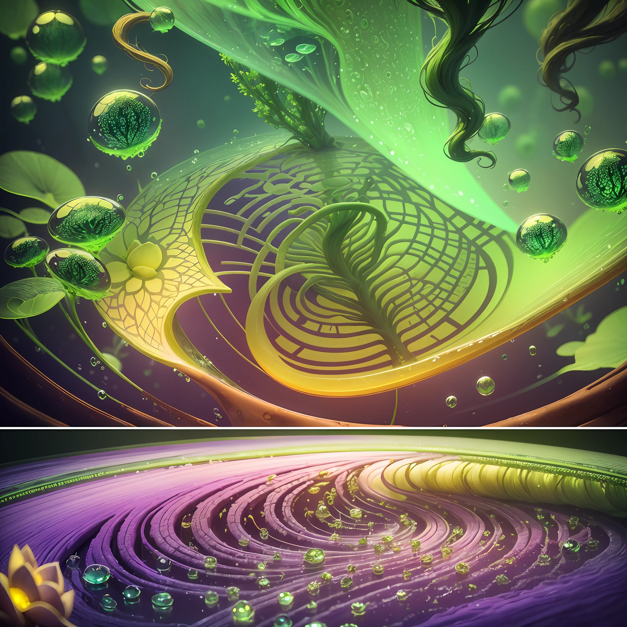 Computer Visualized Graphics, Realistic Fantasy, Extensive Landscape Ultrasound Photography (general view showing glass glass, roots braiding the glass, lotus, dew, air bubbles), blurred background, gloomy, yellow, green, purple background, pink, warm, magic --auto --s2