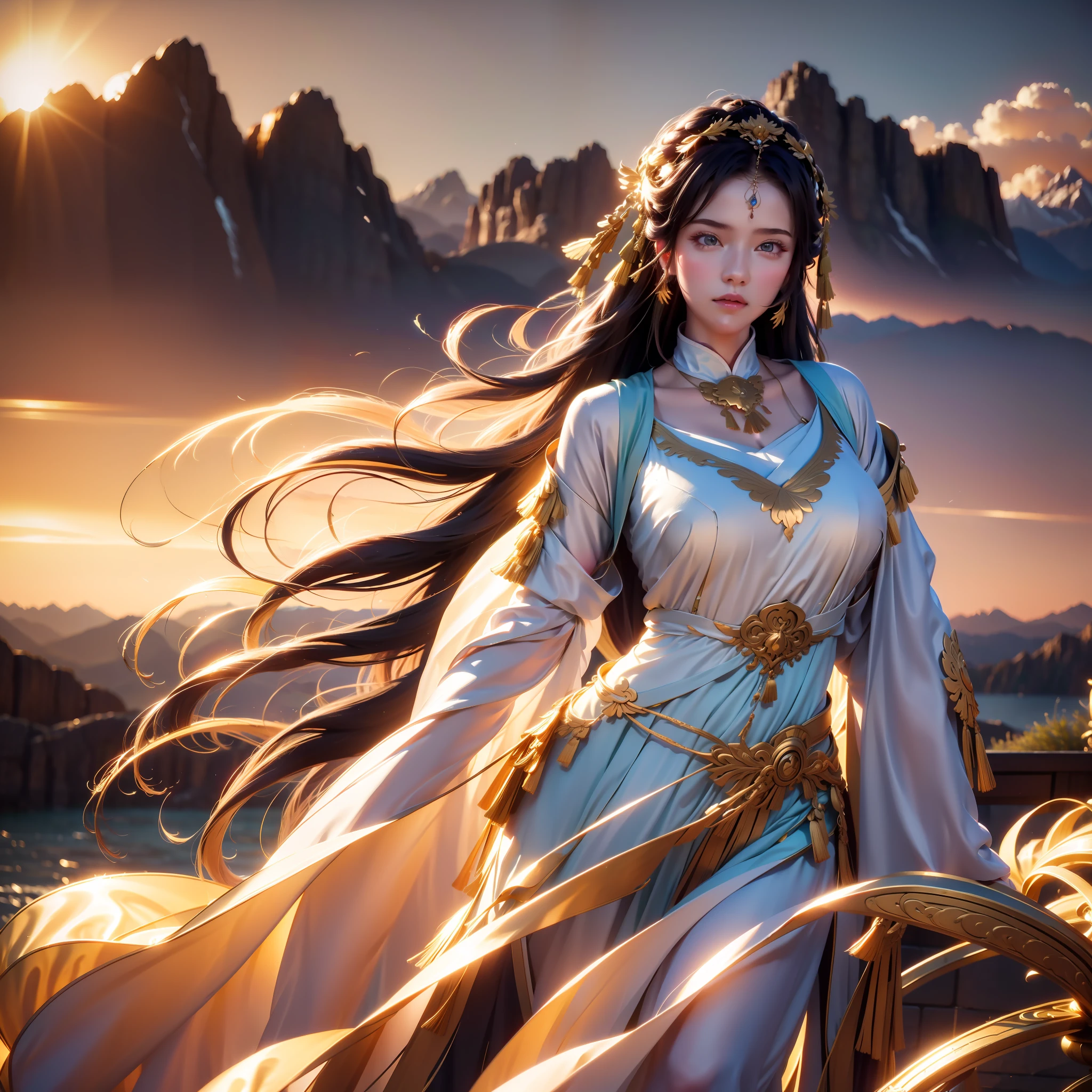 A sea of golden clouds, Surrounded by mountains, Classical antique girl, motion blur, cinematic lighting, best quality, 4K