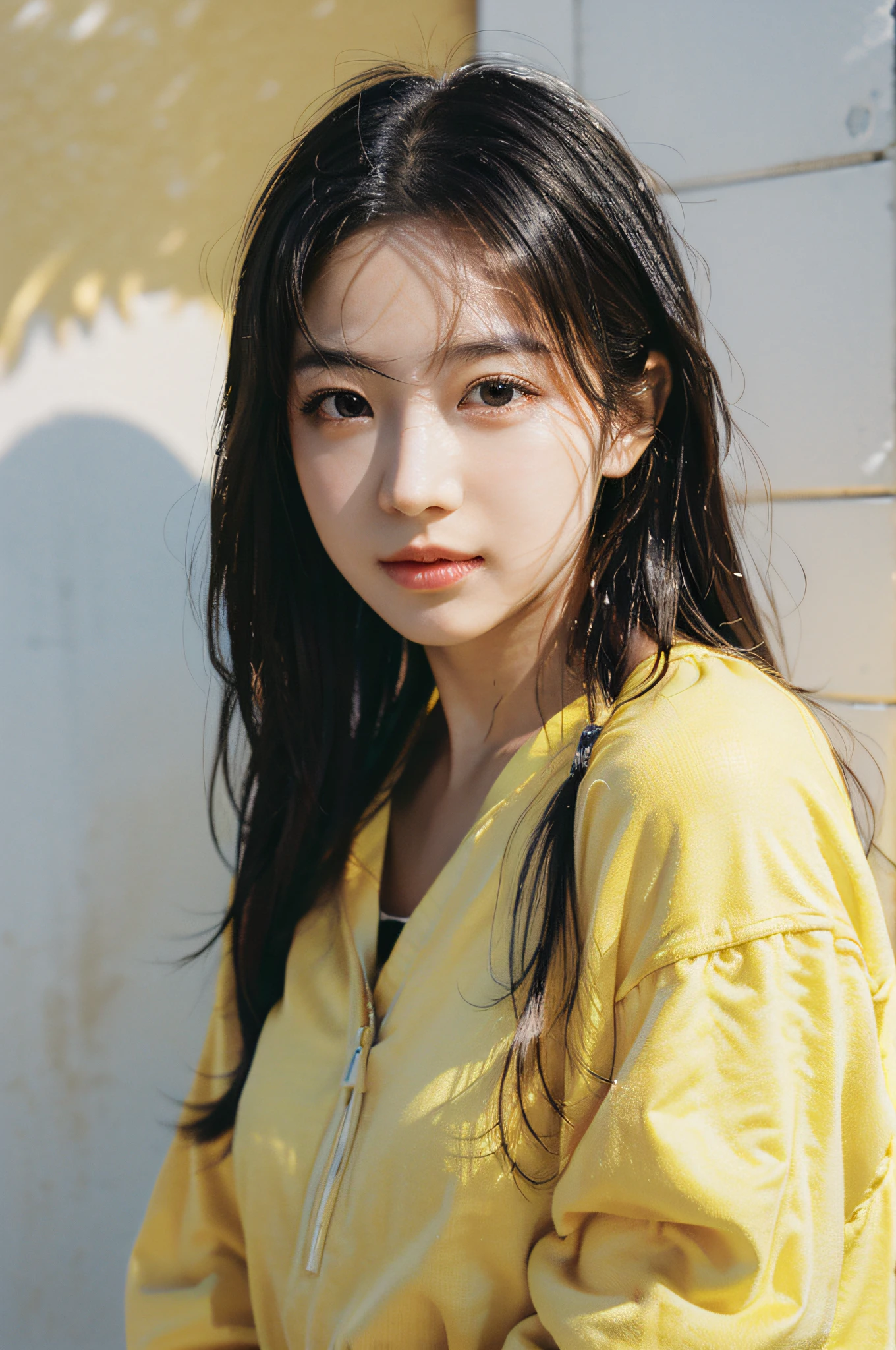 Best Quality, Masterpiece, Ultra High Resolution, (Realistic: 1.4), Original Photo, Official Art, Wallpaper, Bust Photo, Skin, Simple Background, Black Eyes, Details, 1 Girl, Yellow Clothes, Breeze, Sunshine, Shy Face, Water Mist, Studio Light,