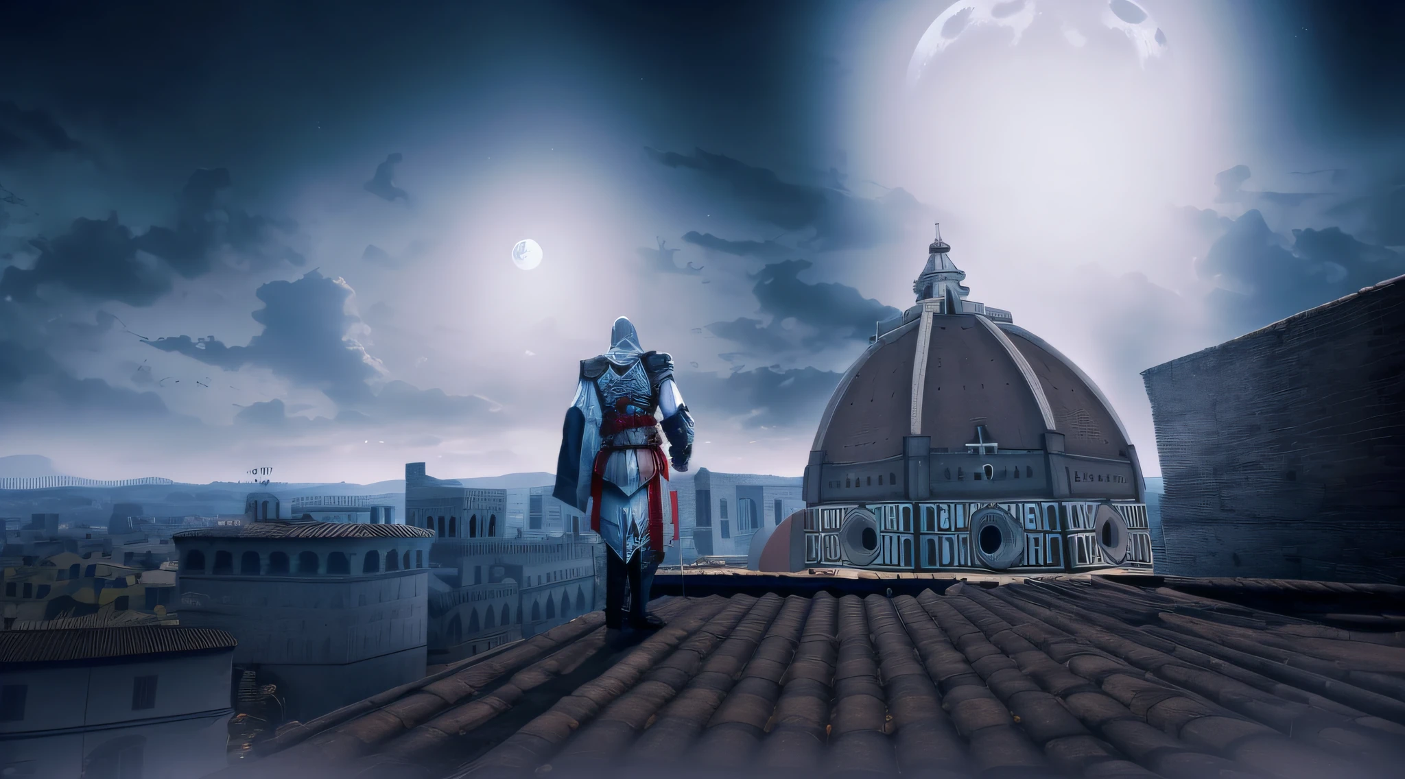 ((Florence Rooftop), Assassin&#39;s Creed, Ezio, Clear picture, high  quality, Real light and shadow, cloak, The picture is night, Moon: (Full Moon: 1.3)), cinematic lighting, chiaroscuro, sparkle, ray tracing, reflection light, bloom, lens flare, close-up, retina, masterpiece, UHD, 8k, high details