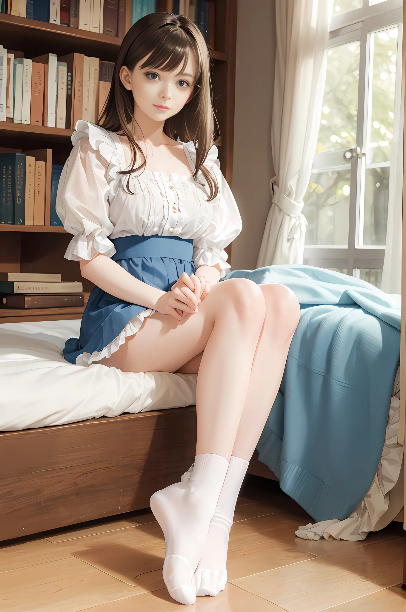 Photorealistic, pale light, 22 year old beautiful woman, white ruffled blouse, blue ruffled skirt, brown hair with ribbon, ruffled ankle socks, sitting with straight legs on the bed, soles of socks, library background