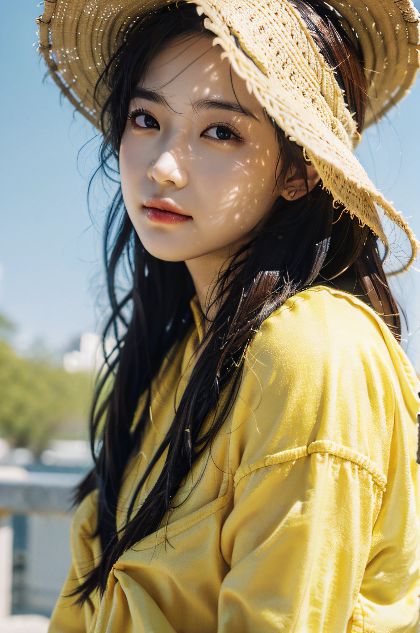 Best Quality, Masterpiece, Ultra High Resolution, (Realistic: 1.4), Original Photo, Official Art, Wallpaper, Bust Photo, Skin, Simple Background, Black Eyes, Details, 1 Girl, Yellow Clothes, Breeze, Sunshine, Shy Face, Water Mist, Studio Light,
