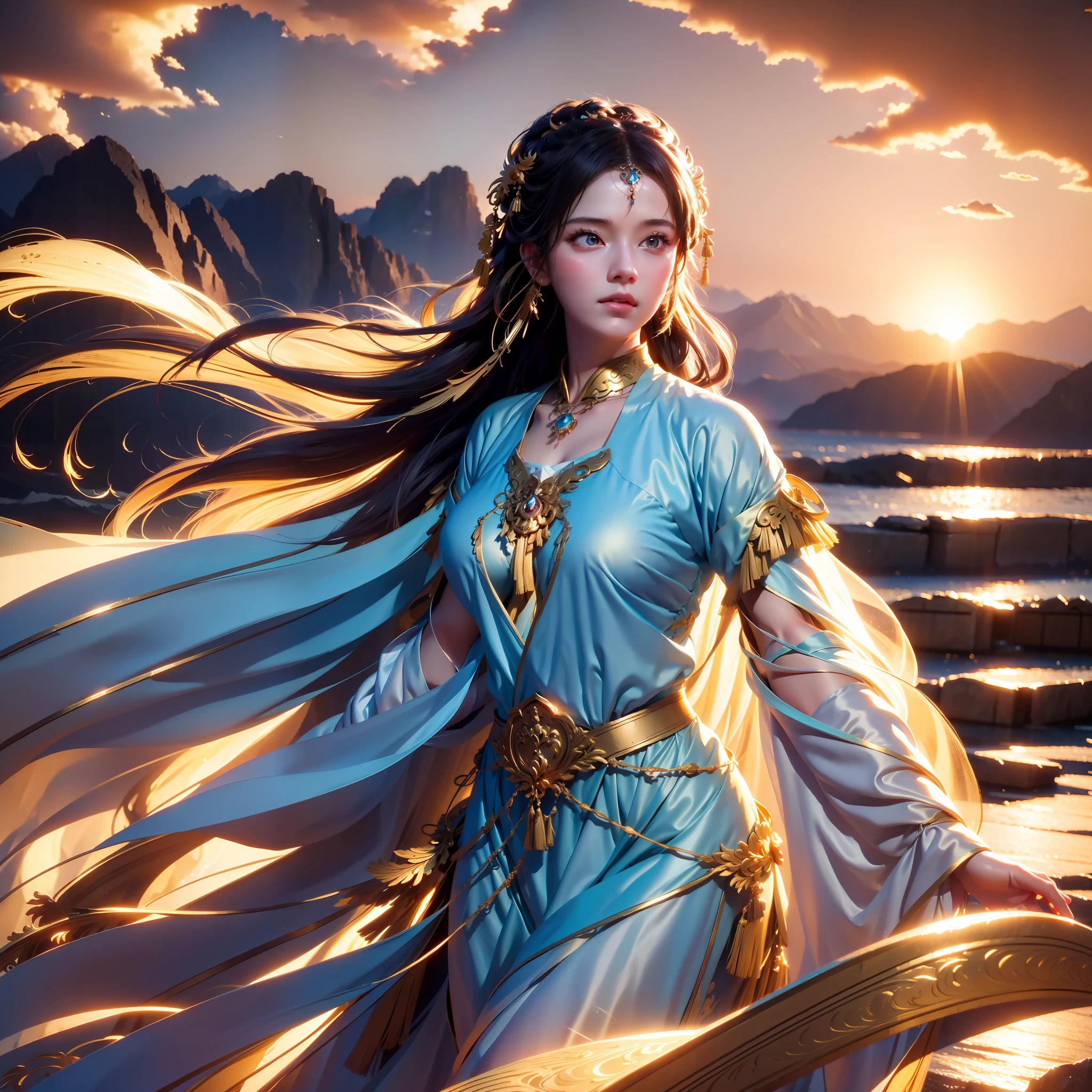 A sea of golden clouds, Surrounded by mountains, Classical antique girl, motion blur, cinematic lighting, best quality, 4K