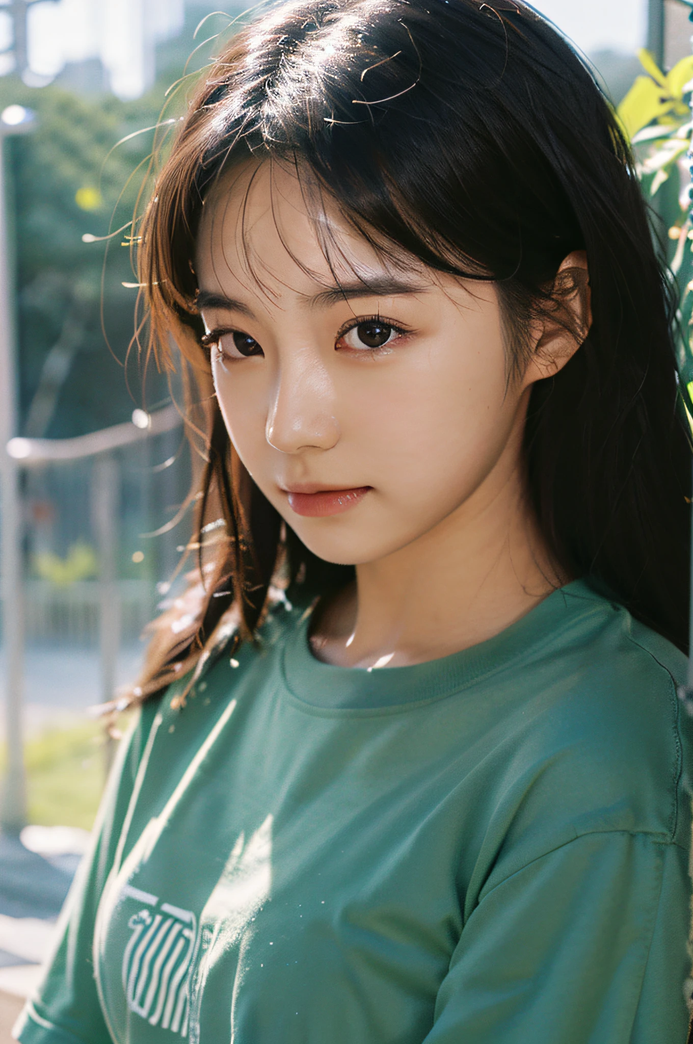 Best Quality, Masterpiece, Ultra High Resolution, (Realistic: 1.4), Original Photo, Official Art, Wallpaper, Bust Photo, Skin, Simple Background, Black Eyes, Details, 1 Girl, Green T-Shirt, Breeze, Sunshine, Shy Face, Water Mist, Studio light,