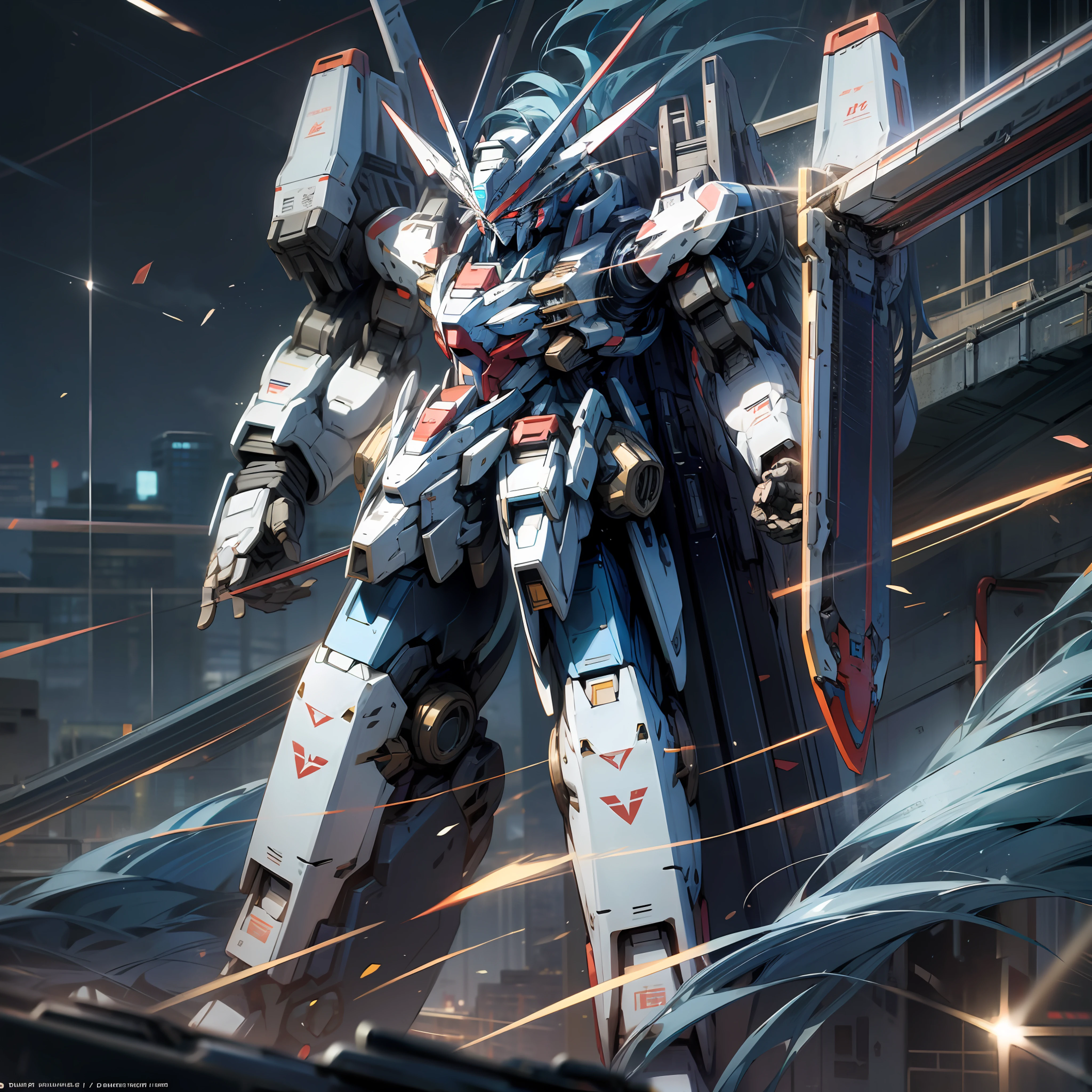 Empty, Cloud, holding_weapon, no_humans, Glow, Robot, Building, glowing_eyes, Mecha, Science Fiction, City, Reality, Mecha, Facial Focus, Blue and Red Metallic Luster, Cool Mecha Style, Gundam, Modern Mecha Anime, Mecha Art, Anime Large Mecha Robot, Anime Mecha Aesthetics, Mecha Anime, Mecha Inspiration, Mecha Aesthetics, High Quality Digital Concept Art, Super Clear Face Details, High Quality, 8K --auto --s2