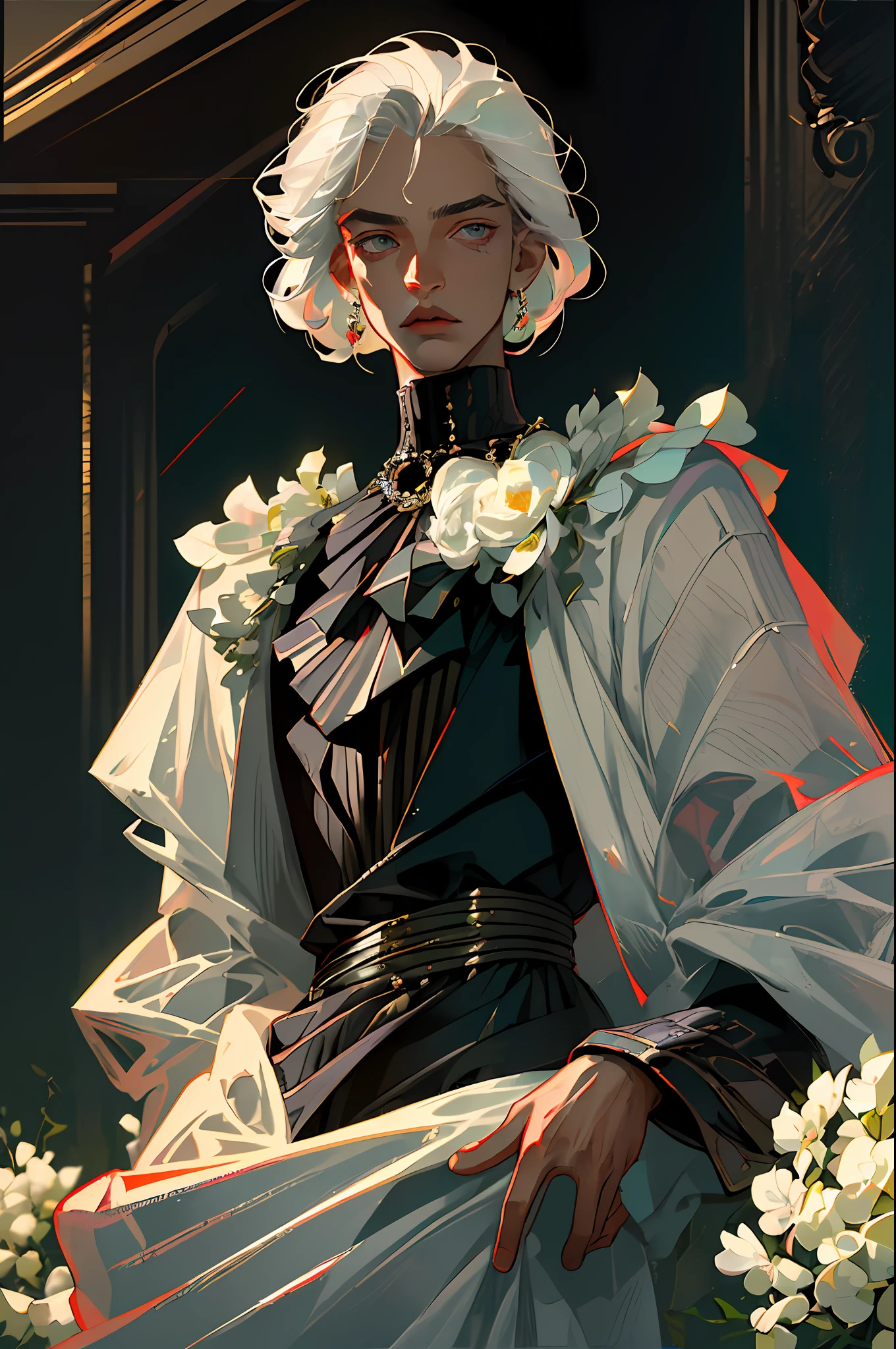 (best quality, masterpiece), 1boy, fashionable clothing, gucci, male model, fine details on face, elegant man, elegant young man, smoking man, fashion, jewelry, whole body, detailed face, amazing details, movie light, gray eyes, (dark circles), designer clothes, neutral colors, short hair, indirect light, look at the viewer, melancholic look