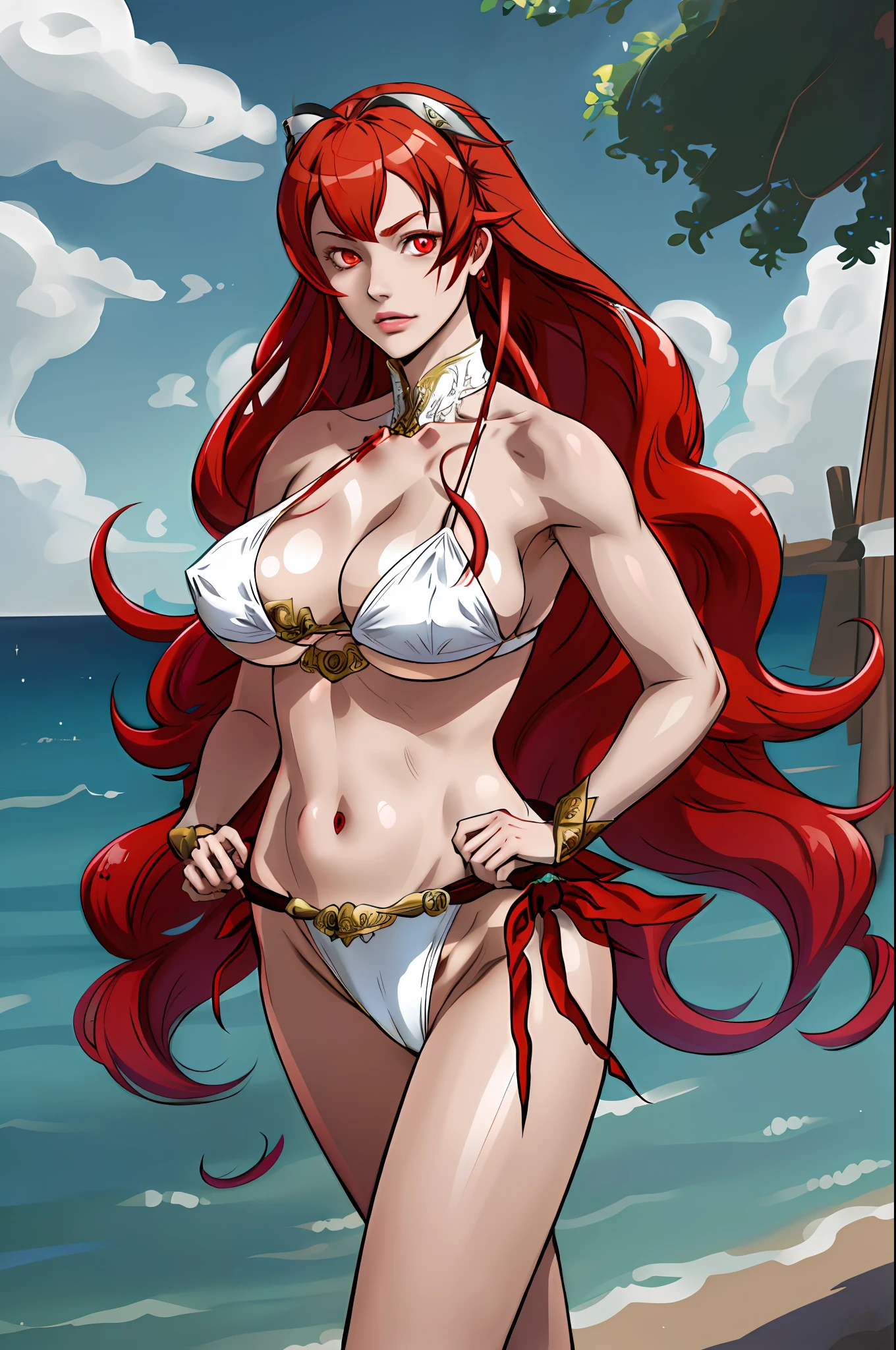 1girl, highres, sharp focus, pixiv masterpiece, (((intricate details)), highly detailed, one eye, red hair, fair skin, red eyes, long hair, adult Eris, Eris Boreas Greyrat,costume: sensual bikini,