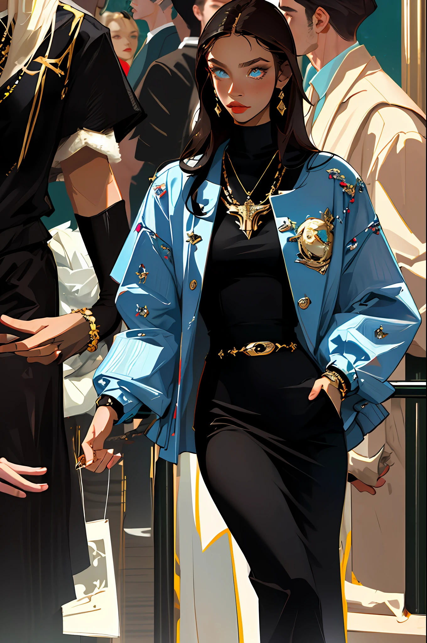 (best quality, masterpiece), people gathered, party chic, drink, people, models, various people, fashion clothes, versace, gucci, model, fashion, fixed look, fine details on the face, elegant, fashion, movie light, (dark hair), circle of friends, light eyes, designer clothes, elegant colors, indirect light