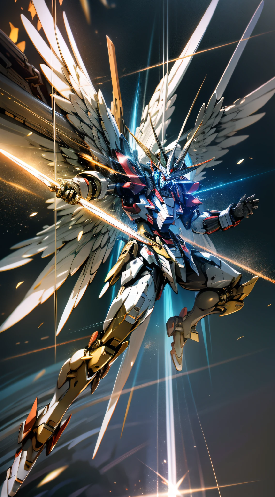 Dynamic Photography, Fuji, Long Exposure, Black Gold Gundam Mecha, Gundam Style, Spread Wings, Huge Body, Holding a Red Glowing Sword CG Digital Rendering, Storytelling Camera Perspective, Battle Stance Display, Dispersion, Feature Article, Studio Environment, Battle Stance, Soft Ambient Light, HD Detail, Metallic and Tension Composition, Hyper-Realism , C4D, OC Render, 3D, Ultra HD16k, --ar 3:4 --niji5