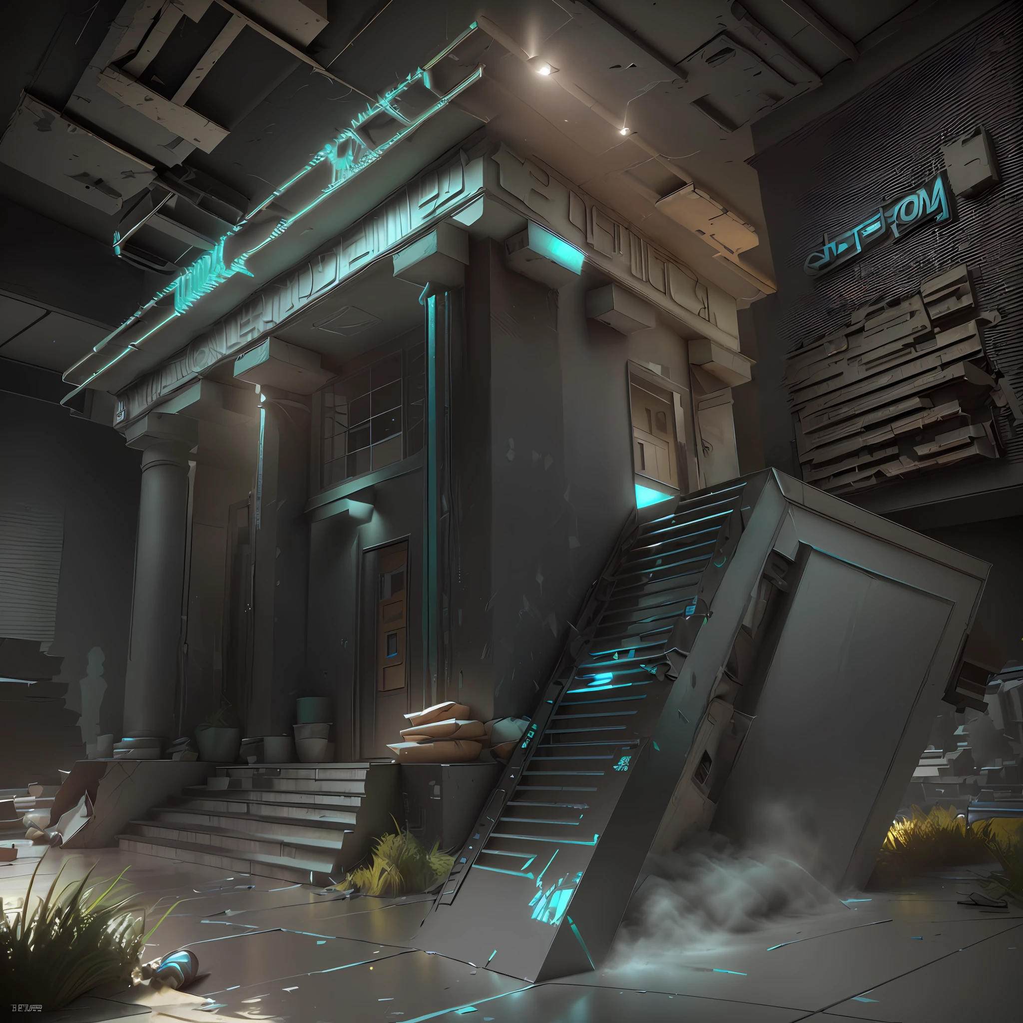 3D model HD rendering, building rendering, right Angle isometric view, 45 degree Angle, (gray background), high detail, movie, global lighting, reality lighting, Unreal Engine rendering, Substance 3D, Octane rendering, (hdr:1.3), (messy run-down street store, all over the floor), Crash, combat damage style, overgrown weeds