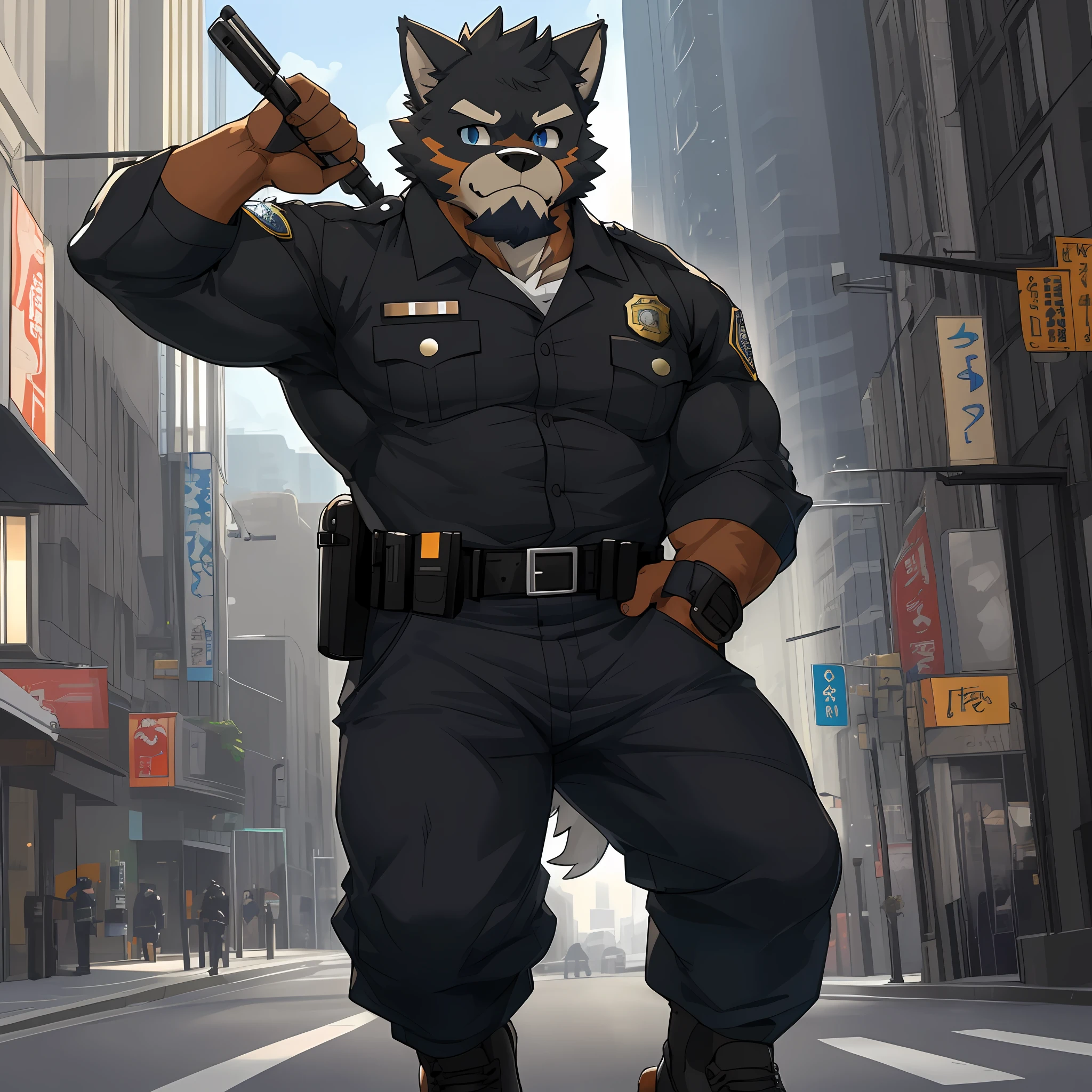 top quality, best quality, super high resolution, detailed background(highly detailed beautiful face and eyes)absurdres, perfect anatomy(angelic nice 1boy, kemono, solo focus, muscle man)(furry)(furry anthro:1.7)(Furry body, dog facial features, dog body features)(very detailed body fur)full body(dignified, Embarrassing)police officer, street, muscle, facial hair, volumetric lighting, half undressh, black clothes, (black police uniform shirt) from below,