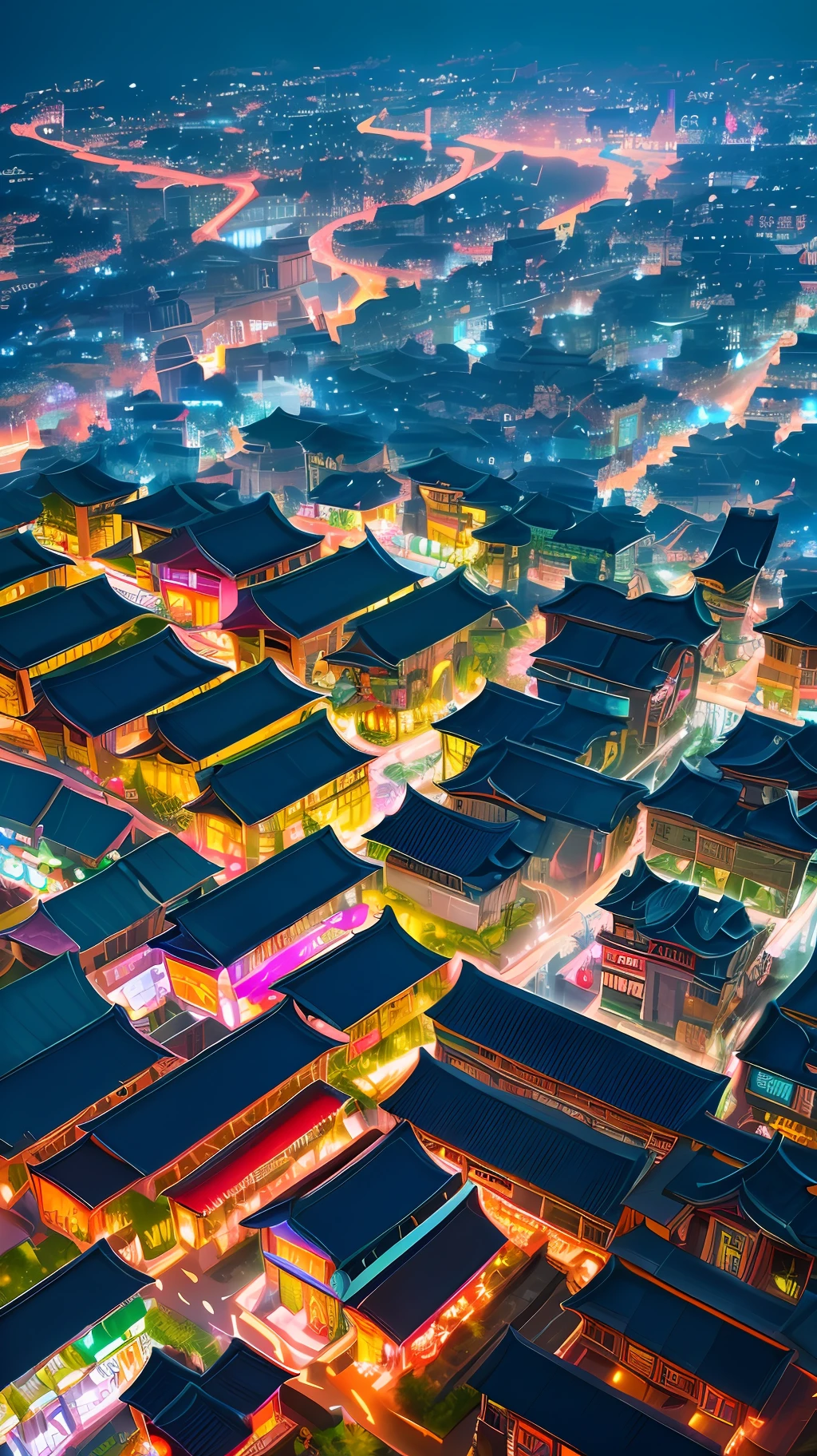 aerial view of a dreamy chinese town, cyberpunk ancient castle, rainy evening, by Raymond Han, 8k, heavy rain background: a dark sky with clouds and lightning midground: a cyberpunk ancient castle with neon lights and futuristic structures foreground: a dreamy chinese town with lanterns and umbrellas, reflecting on the wet streets atmosphere: rainy, gloomy, mysterious, beautiful photography, cinematic, high detailed