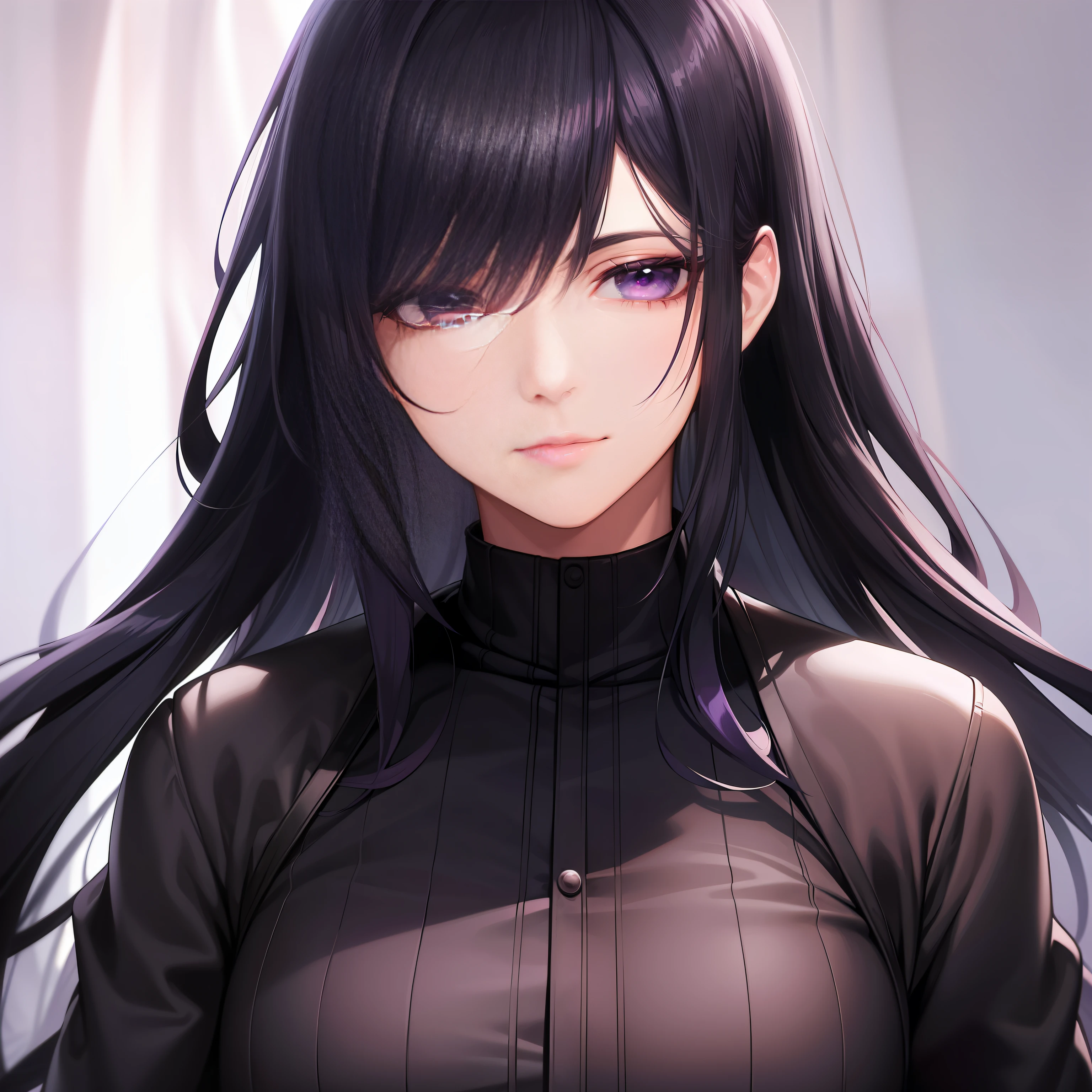 A gorgeous man, 0, perfect face, long black hair, purple eyes, wearing modern clothes, 2D, 4k, award-winning digital art, (extremely detailed: 1.5), (soft lighting:1.2) (extremely detailed face)