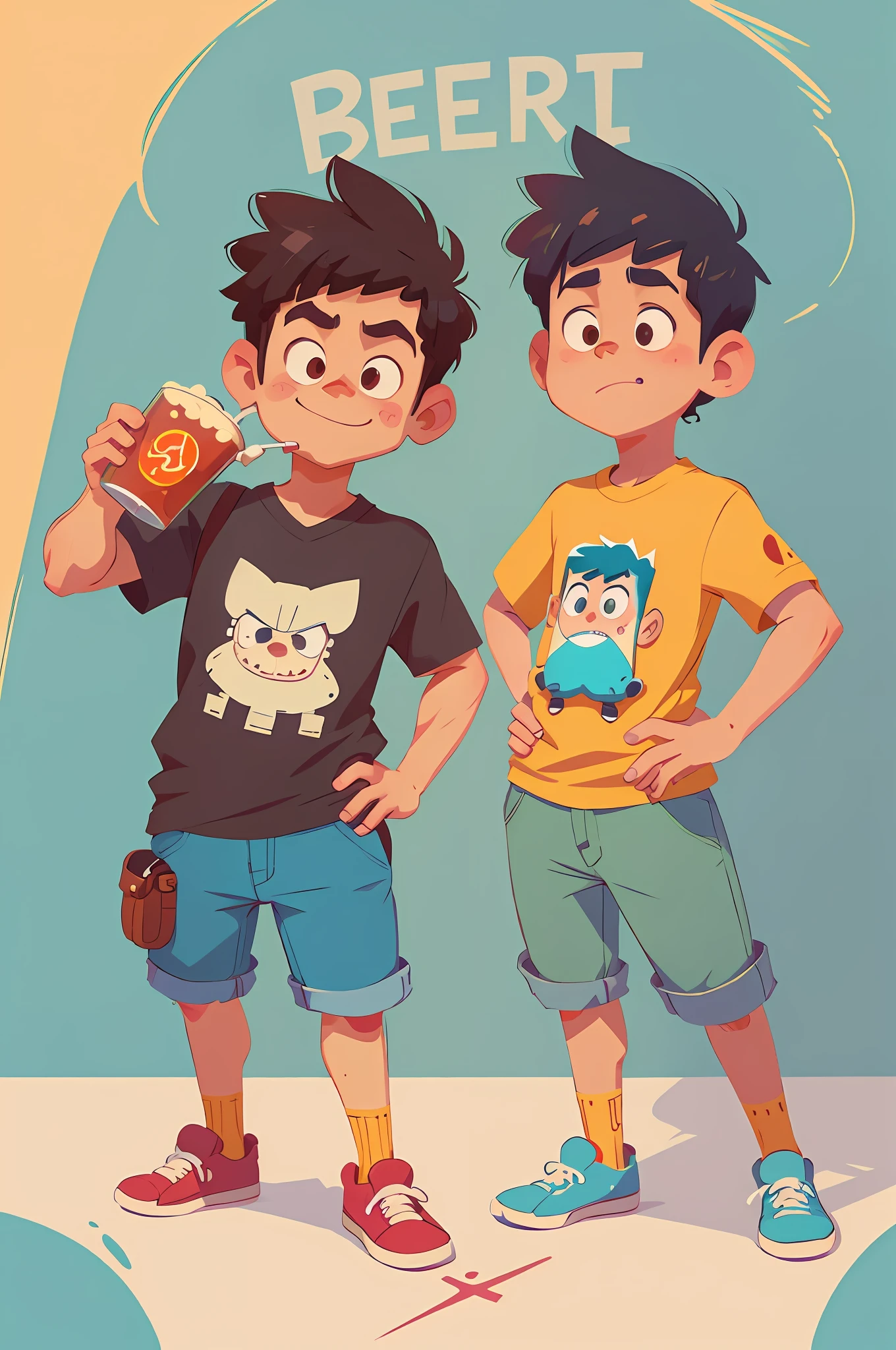 Cartoon illustration of a man and a boy drinking beer together, 2D illustration, 2D illustration, pixar style, animation, highly detailed character design, cartoon art style, in the style of Sachin Teng, 2. 5D illustration, great character design, cartoon style illustration, detailed 2d illustration, cartoon art style