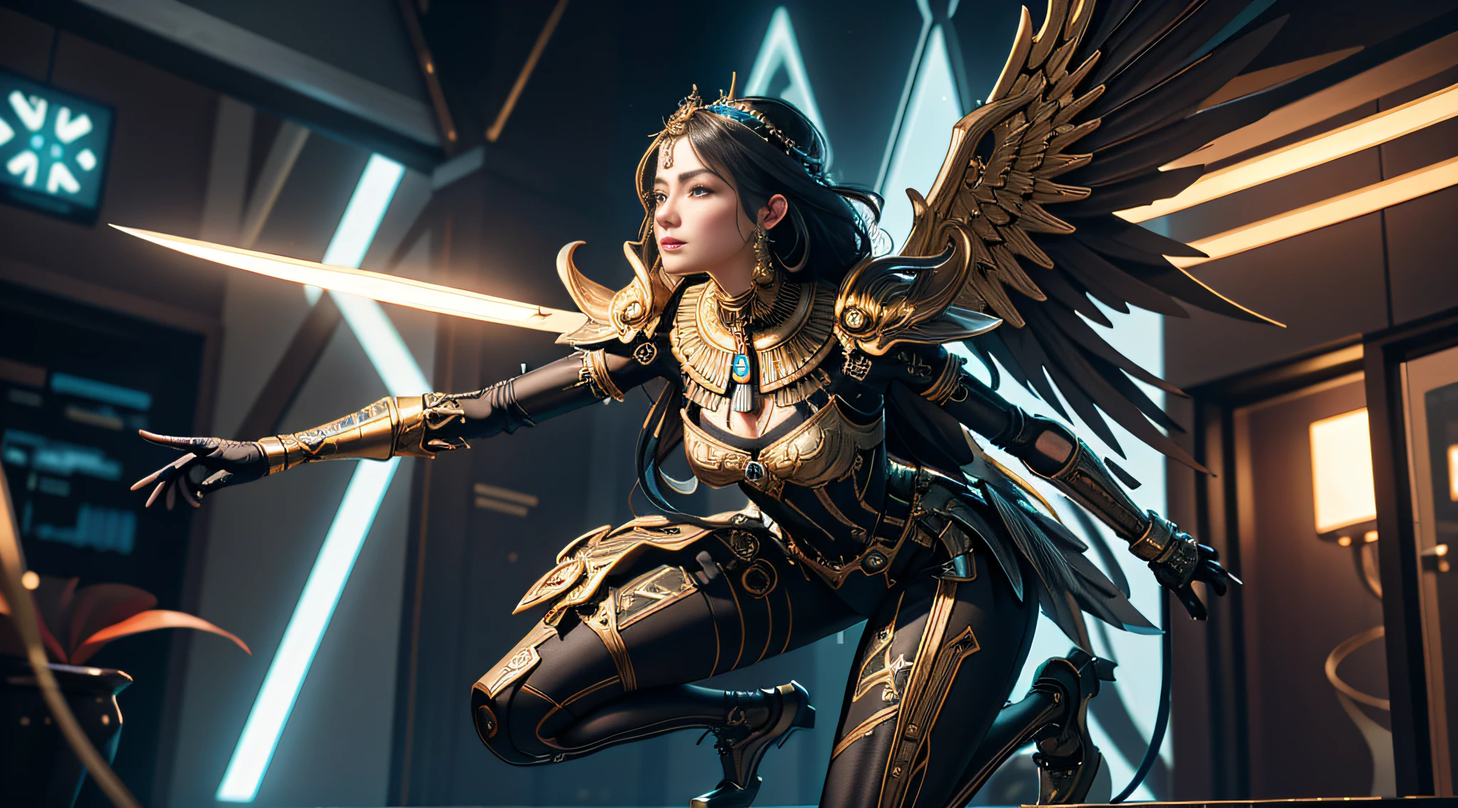 A mechanical girl, (dynamic pose: 1.2), (steel wings: 1.5) ( Pose: 1.2), (Full body: 1.3), Attack, Guild War, (Mechanical Cloak 1.2), (Mechanical Tights 1.2), (Perfect Face), ((Super Realistic Detail)), Portrait, Global Illumination, Shadow, Octane Rendering, 8K, Super Sharp, Metallic, Complex, Decorative Detail, Cool Color, (Egyptian Detail: 1.5), Highly Intricate Detail, Realistic Light, CGsociety Trend, Glow Eyes, Facing the Camera, Neon Detail, Mechanical Limbs, Blood Vessels Attached to Tubes, Mechanical Vertebrae Attached to the Back, Mechanical Cervical Vertebrae Attached to the Neck, Wires and Cables Attached to the Head. realistic, elegant, goddess, surrealism, high detail, supremacy, cinematic lighting, ray tracing, shadow, uhd, retina, masterpiece, ccurate, anatomically correct, textured skin, super detail, high detail, high quality, high quality, award-winning, best quality, high resolution, 1080P, 16k, 8k, 4K, HD