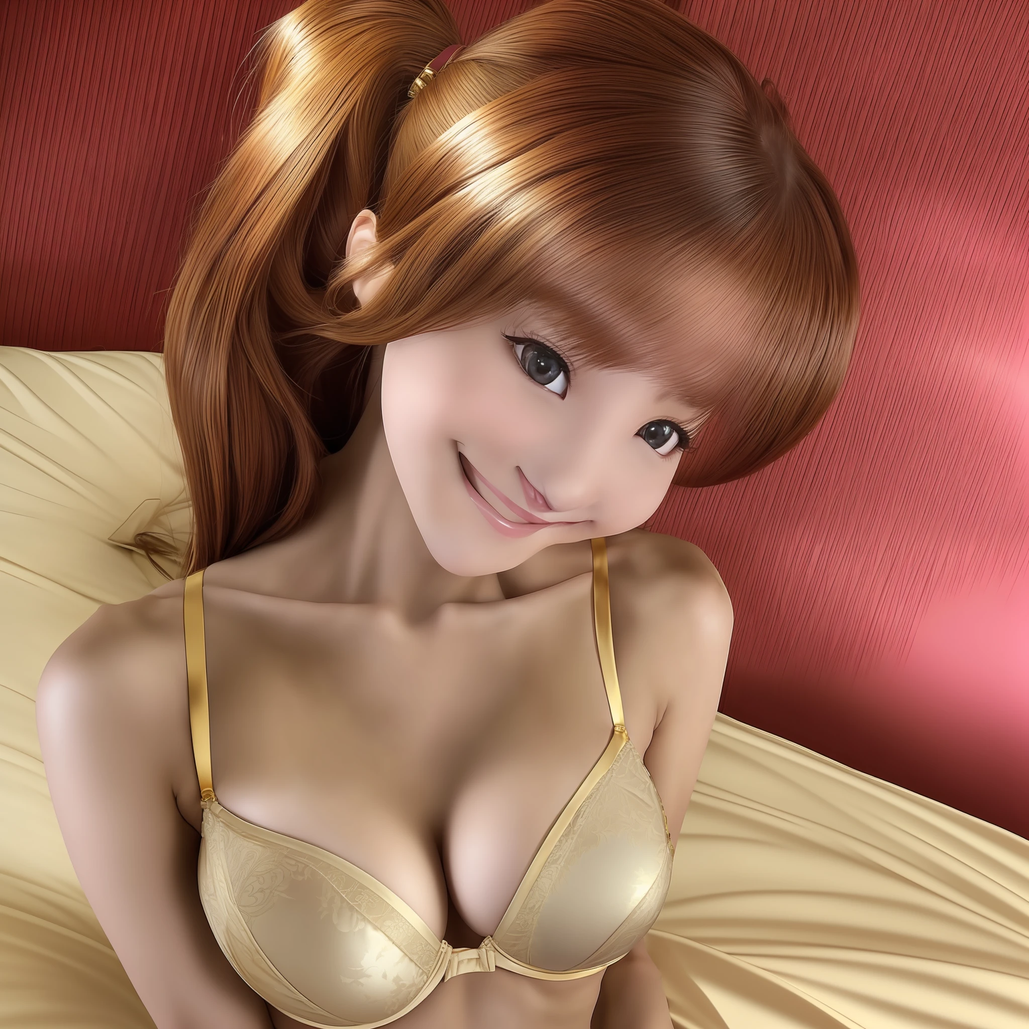 Brown-haired woman 20 years old, perverted beautiful girl, (like picture), ultra-realistic, (best detail face: 1.2), one woman, (long hair in a ponytail), warm white light, cute smile, hentai on a hotel bed, small breasts, (NSFW: 1.1), slim abs: 1.2, (provocative hentai pose), (chest focus: 1.2), (viewpoint: cleavage from below), pointed taut, ( Provocative sexy cleavage), (sheer kinky bra), (kinky bra without cloth), (cute patterned bra with gold), underside of, side of --auto --s2