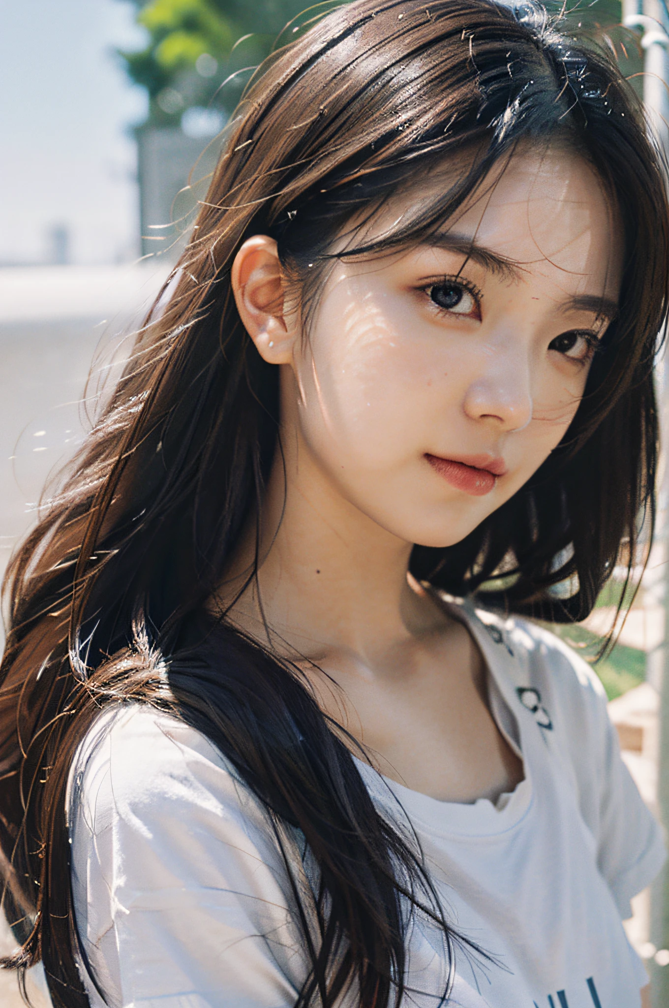 Best Quality, Masterpiece, Ultra High Resolution, (Realistic: 1.4), Original Photo, Official Art, Wallpaper, Bust Photo, Skin, Simple Background, Black Eyes, Details, 1 Girl, White T-Shirt, Breeze, Sunshine, Shy Face, Water Mist, Studio light,