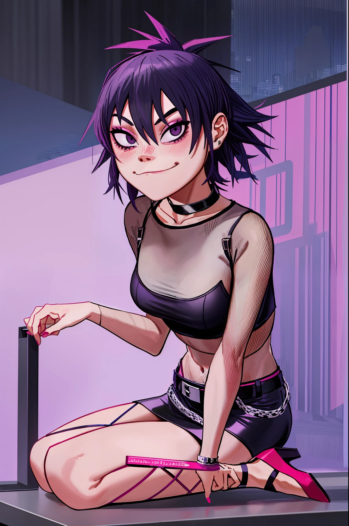 noodle (gorillaz), masterpiece, best quality, hair between eyes, purple hair, choker, belt, blush, looking at viewer, bangs,  fishnets, pink crop top, skirt, high heels, solo, blue hair, makeup, short hair, portrait, black eyes, small breasts, blush, sexual expression, seductive smile, hair covering eyes, looking back, фон музыкальной студии, pink crop top, white skirt, high heels, 5 fingers, hands on breast, sitting on knees, tease, choker, hearts