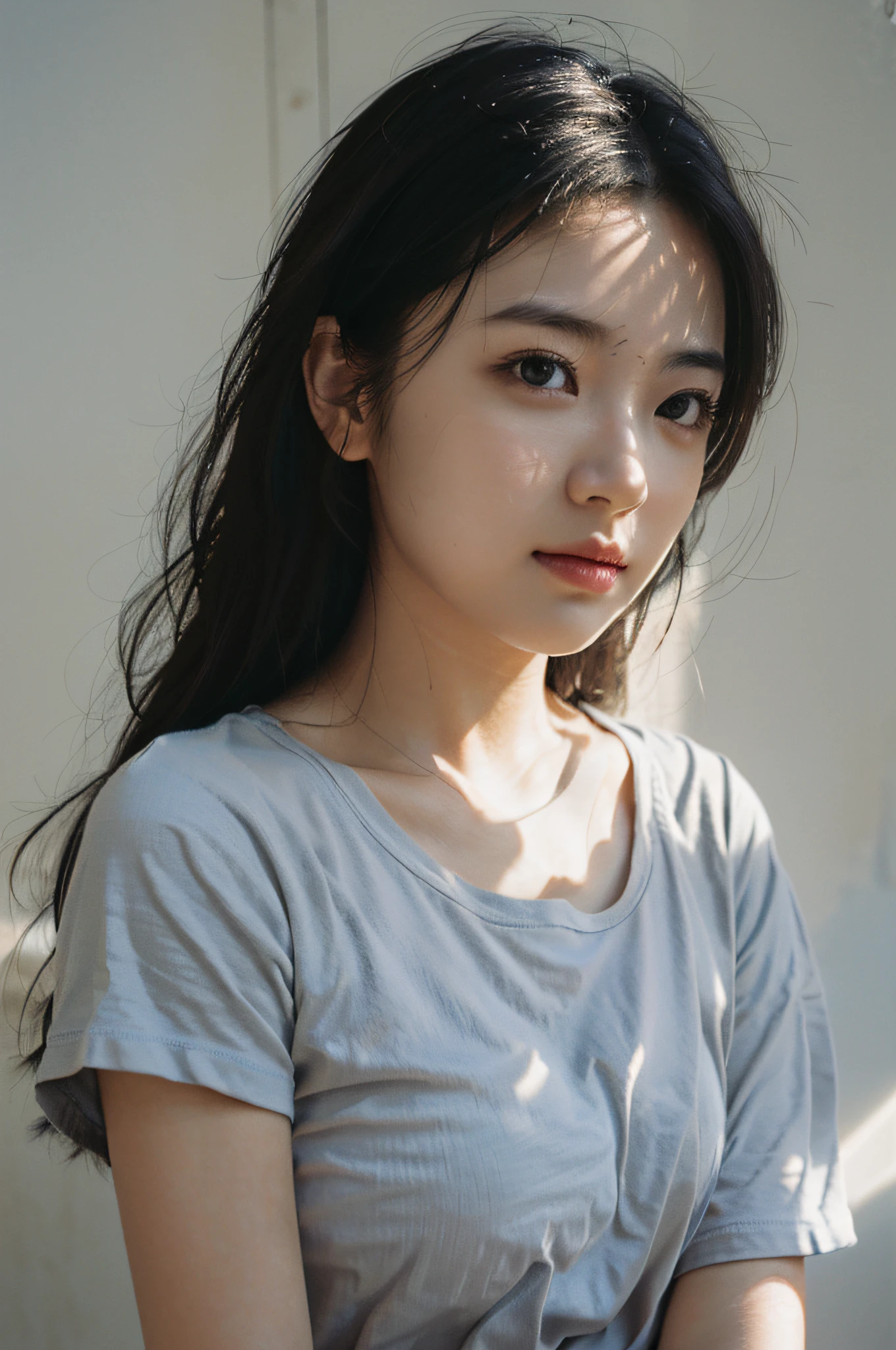 Best Quality, Masterpiece, Ultra High Resolution, (Realistic: 1.4), Original Photo, Official Art, Wallpaper, Bust Photo, Skin, Simple Background, Black Eyes, Details, 1 Girl, Light Gray T-Shirt, Breeze, Sunshine, Shy Face, Water Mist, Studio Light,