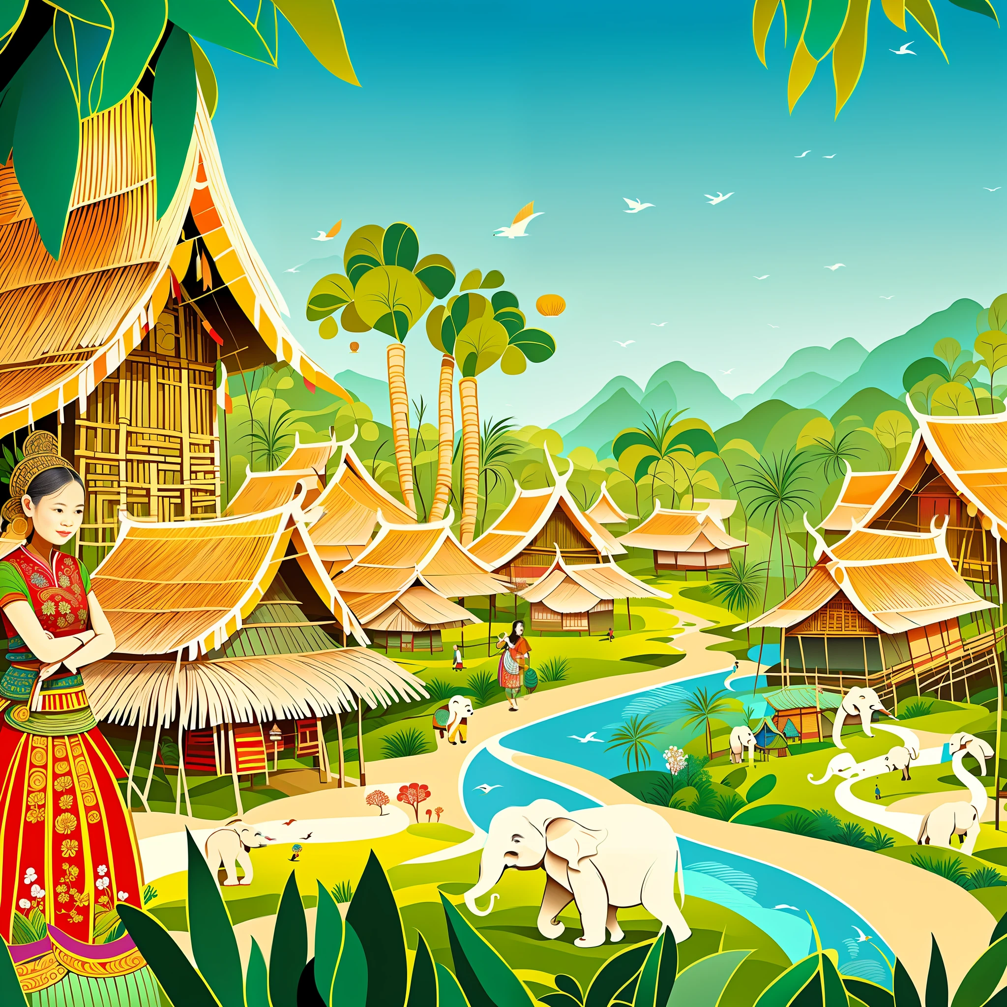 illustration of a woman in a traditional thai village with elephants, a beautiful artwork illustration, thailand art, bamboo huts, tribe huts in the jungle, beautiful illustration, illustrative art, by Hans Fischer, chinese village, illustration », old asian village, amazing wallpaper, beautifully illustrated, fantasy village, colorfull illustration, beautiful wallpaper, backdrop, colorful illustration