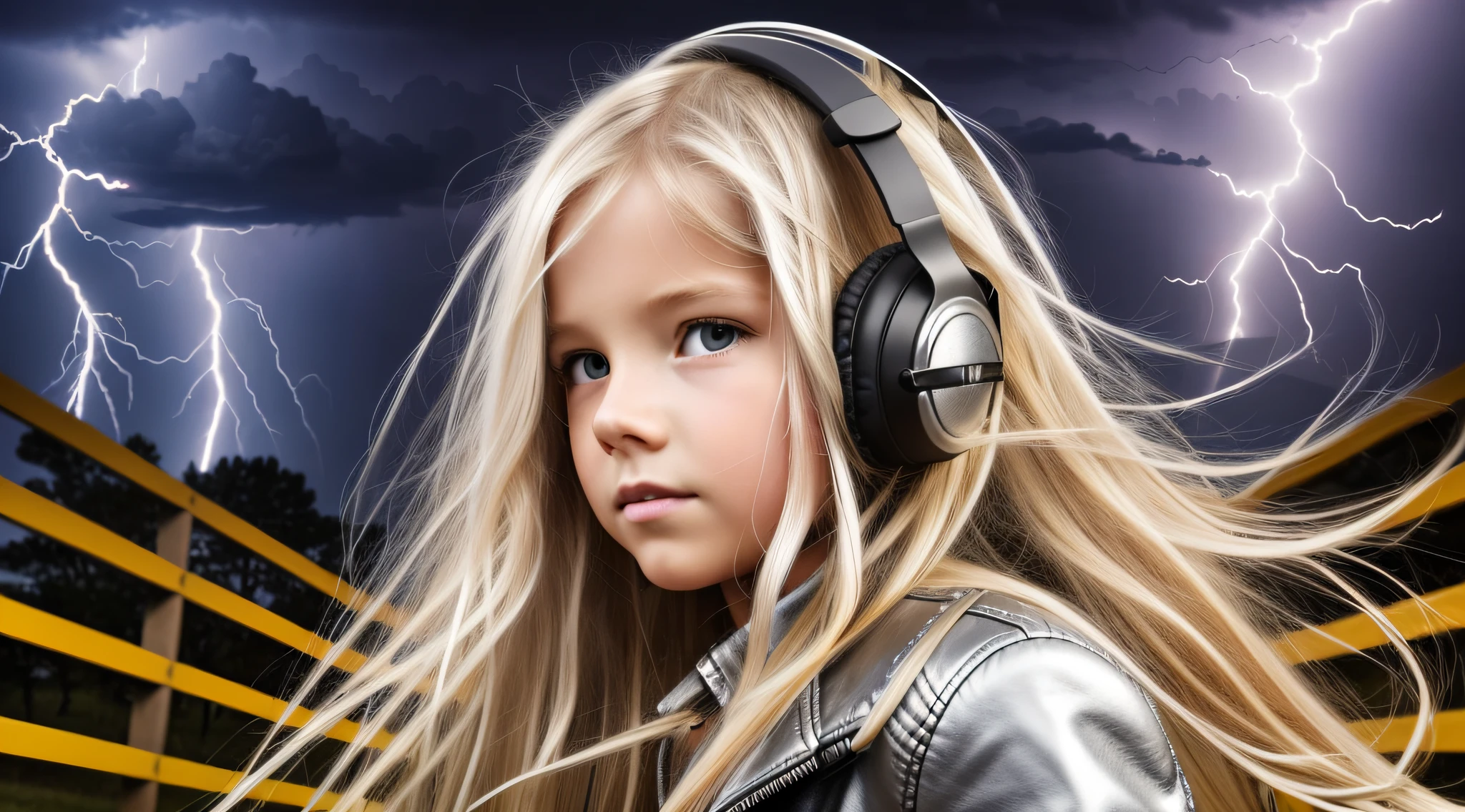 a CHILD'S GIRL long-haired blonde From headphones, silver leather jacket, lightning, with thunderstorms, thunderstorms, with lightning, crackling with lightning, lightning storms, storms, there are lightning, thunder, lightning!!!, lightning effects, severe weather storms, electrical storm, lightning storm, detailed lighting and thunder, during a storm, in a lighting storm,  thunderstorm, dark storms with lightning --auto --s2