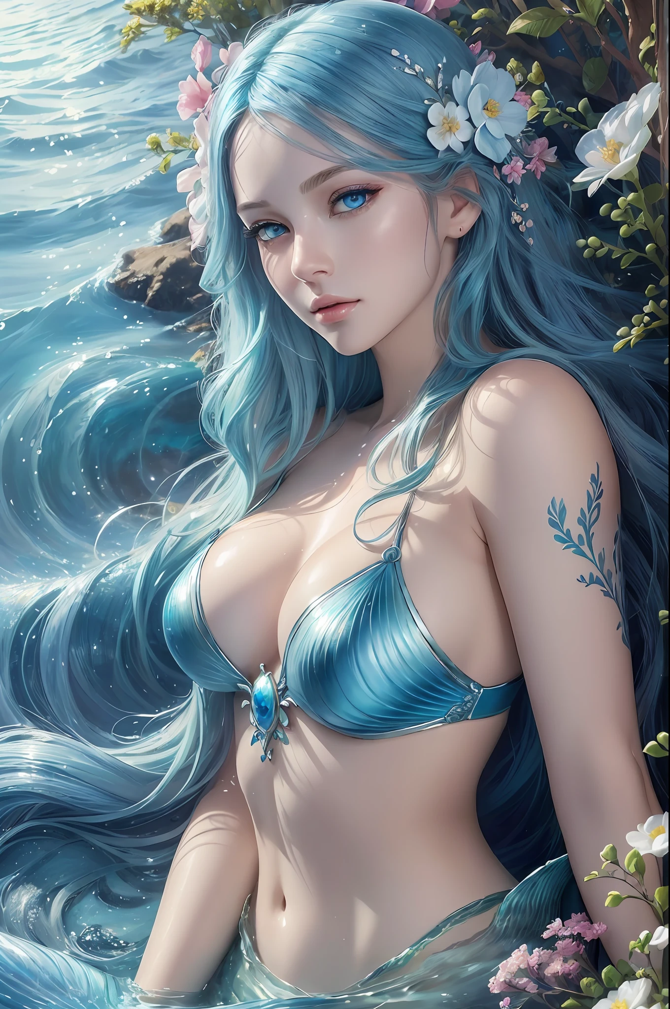 ( Absurd, High quality, ultra-detailed, masterpiece, concept art, smooth, highly detailed artwork, hyper-realistic painting )beautiful eyes(eyes detailed), water goddess , under the ocean , mermaid tail , ocean blue eyes ( eye detailed ) , light blue hair , long wavy hair , shinning , water creatures , flowers , whole body . Pure and gorgeous .