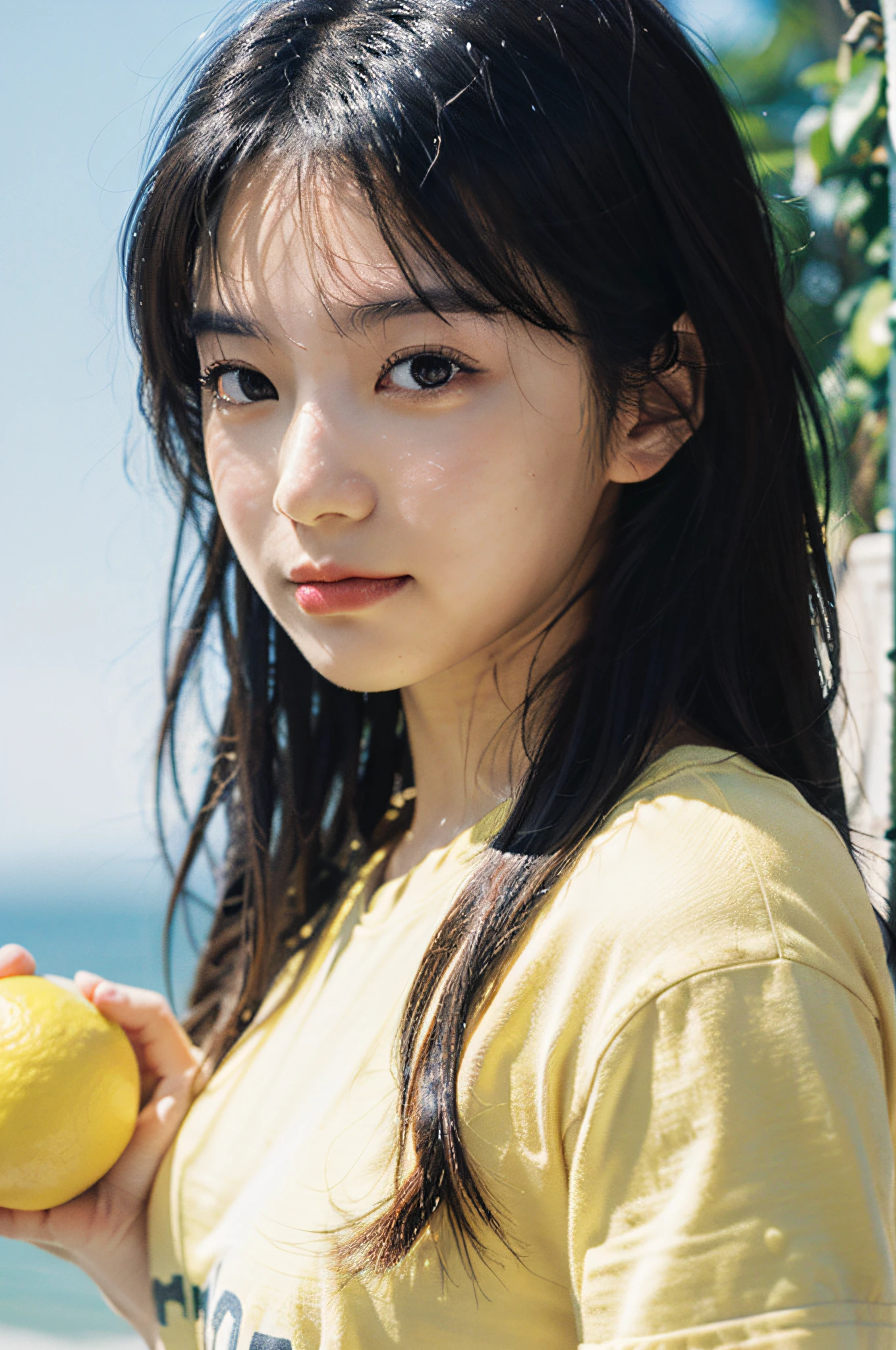 Best Quality, Masterpiece, Ultra High Resolution, (Realistic: 1.4), Original Photo, Official Art, Wallpaper, Bust Photo, Skin, Simple Background, Black Eyes, Details, 1 Girl, Lemon T-Shirt, Breeze, Sunshine, Shy Face, Water Mist, Studio Light,