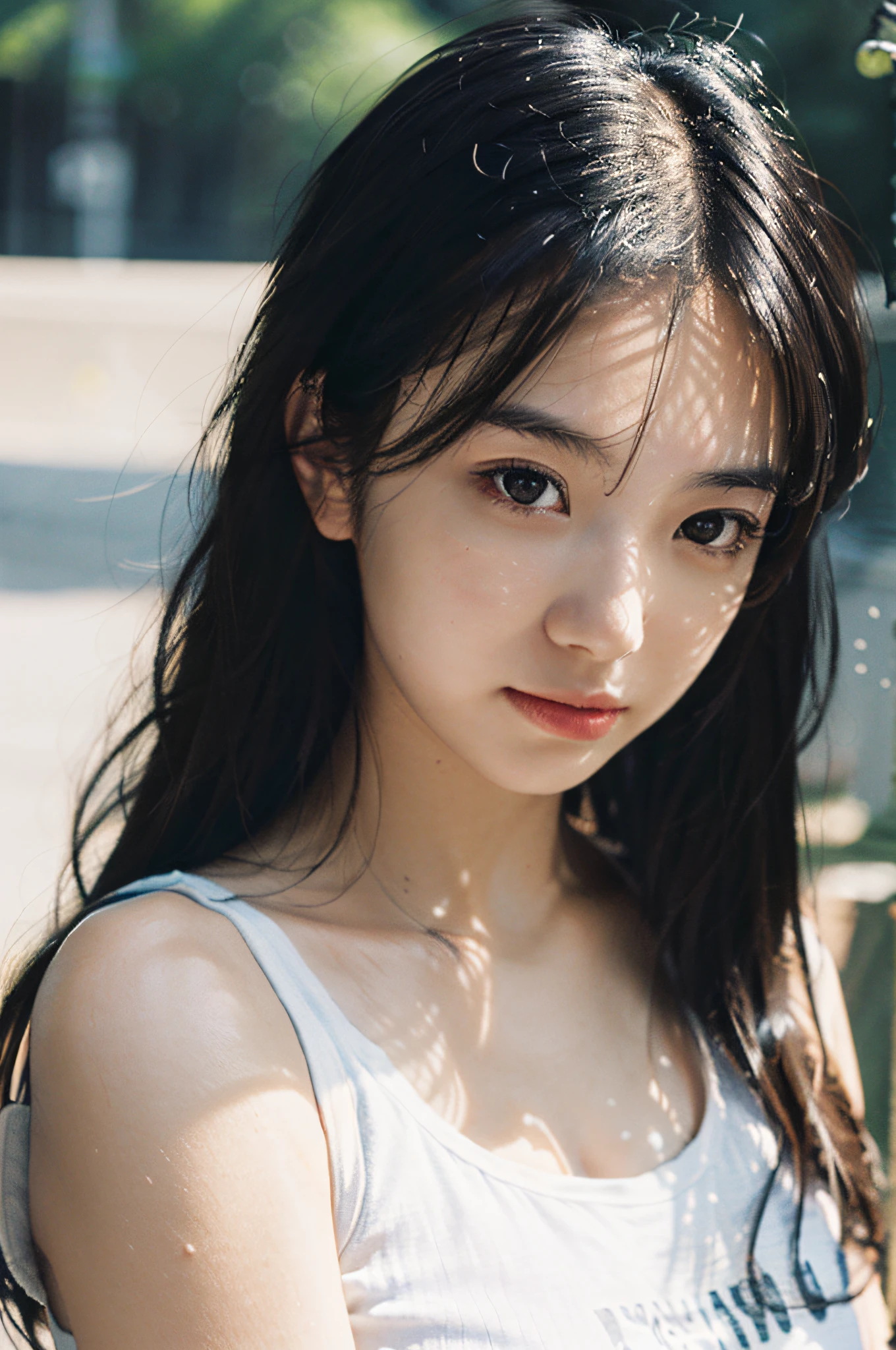 Best Quality, Masterpiece, Ultra High Resolution, (Realistic: 1.4), Original Photo, Official Art, Wallpaper, Bust Photo, Skin, Simple Background, Black Eyes, Details, 1 Girl, Lemon T-Shirt, Breeze, Sunshine, Shy Face, Water Mist, Studio Light,